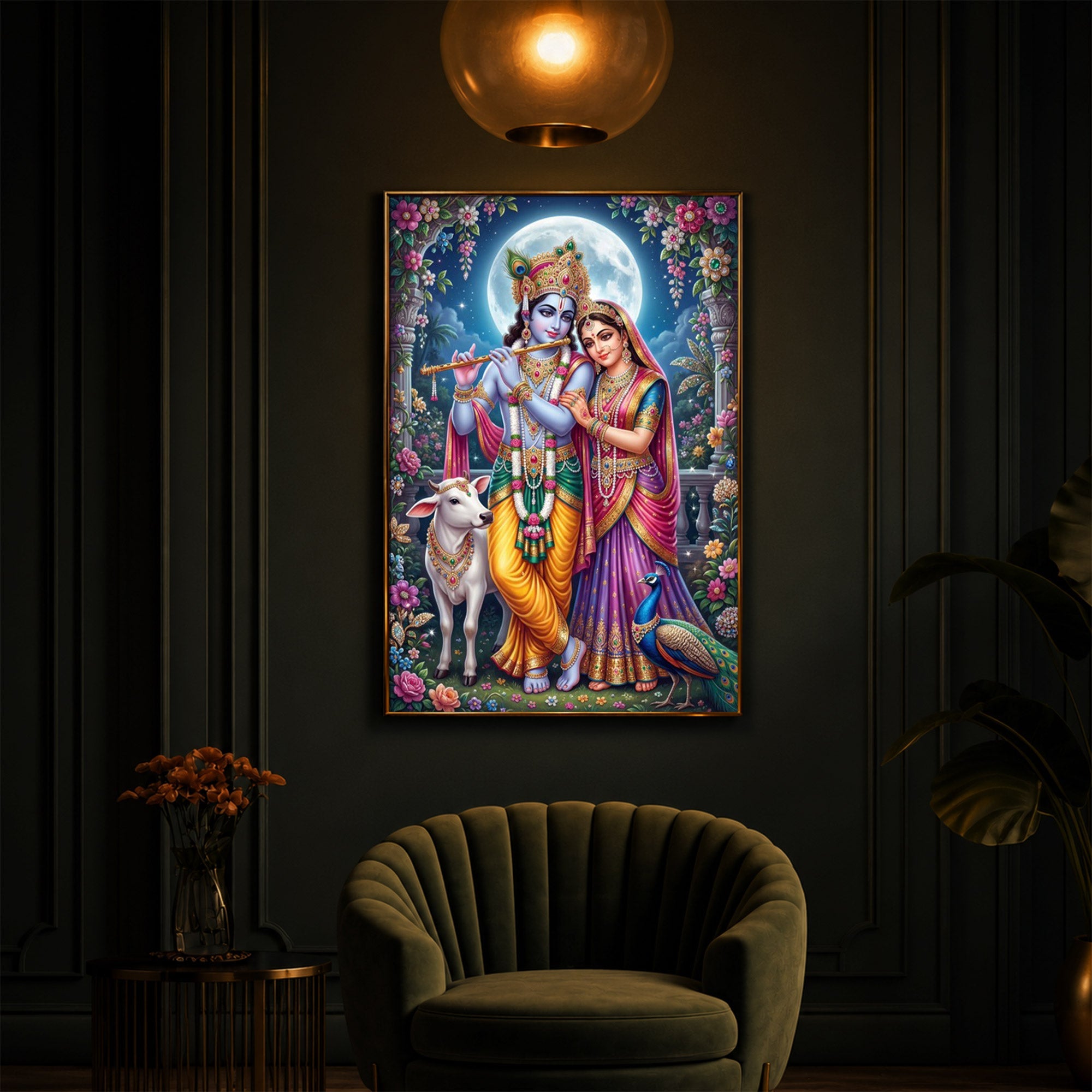 Moonlit Radha Krishna Leela Modern Luxury Backlight Vertical Wall Art