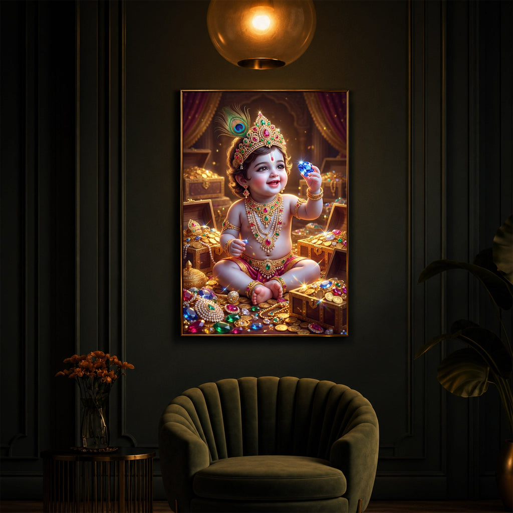 Little Lord Krishna Ji Modern Luxury Backlight Vertical Wall Art
