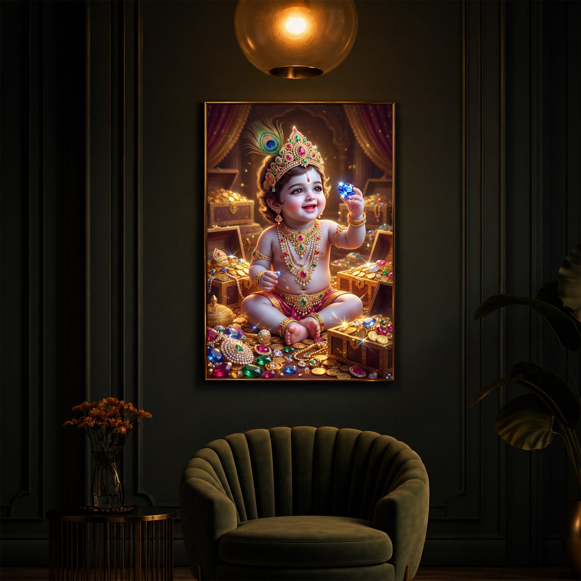 Little Lord Krishna Ji Modern Luxury Backlight Vertical Wall Art