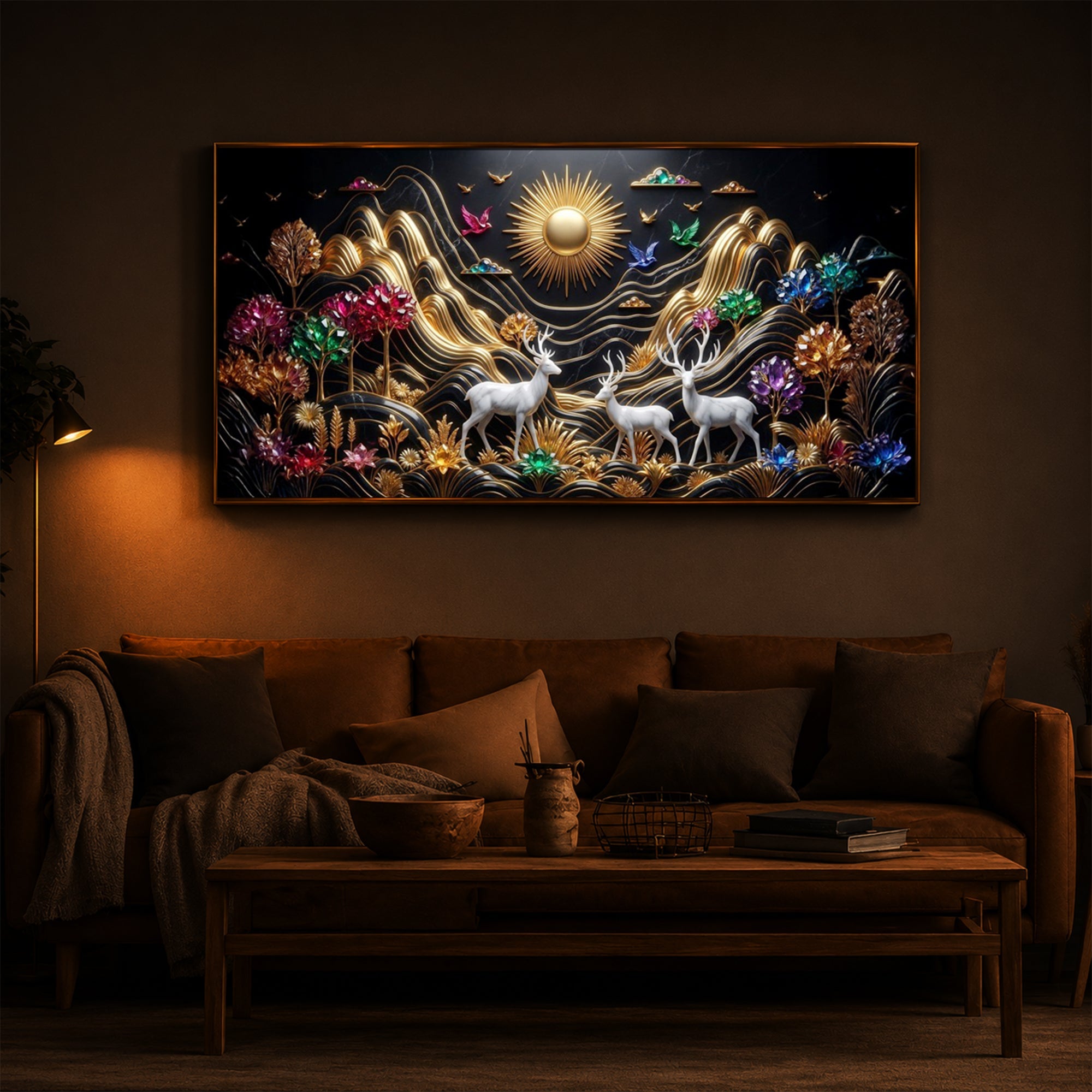 White Deer With Sun Modern Luxury Backlight Horizontal Wall Art