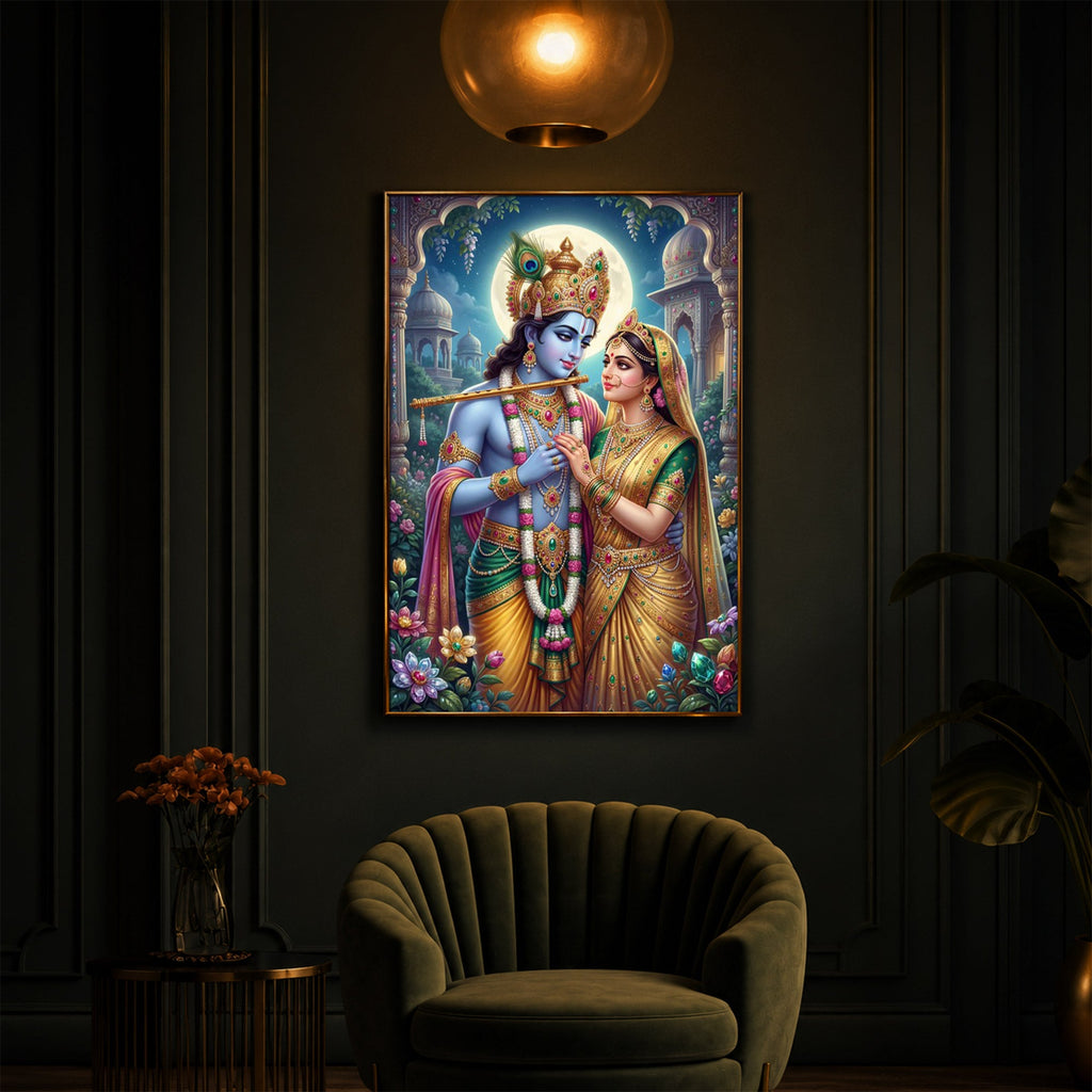 Goddess Shri Radha and God Krishna Modern Luxury Backlight Vertical Wall Art