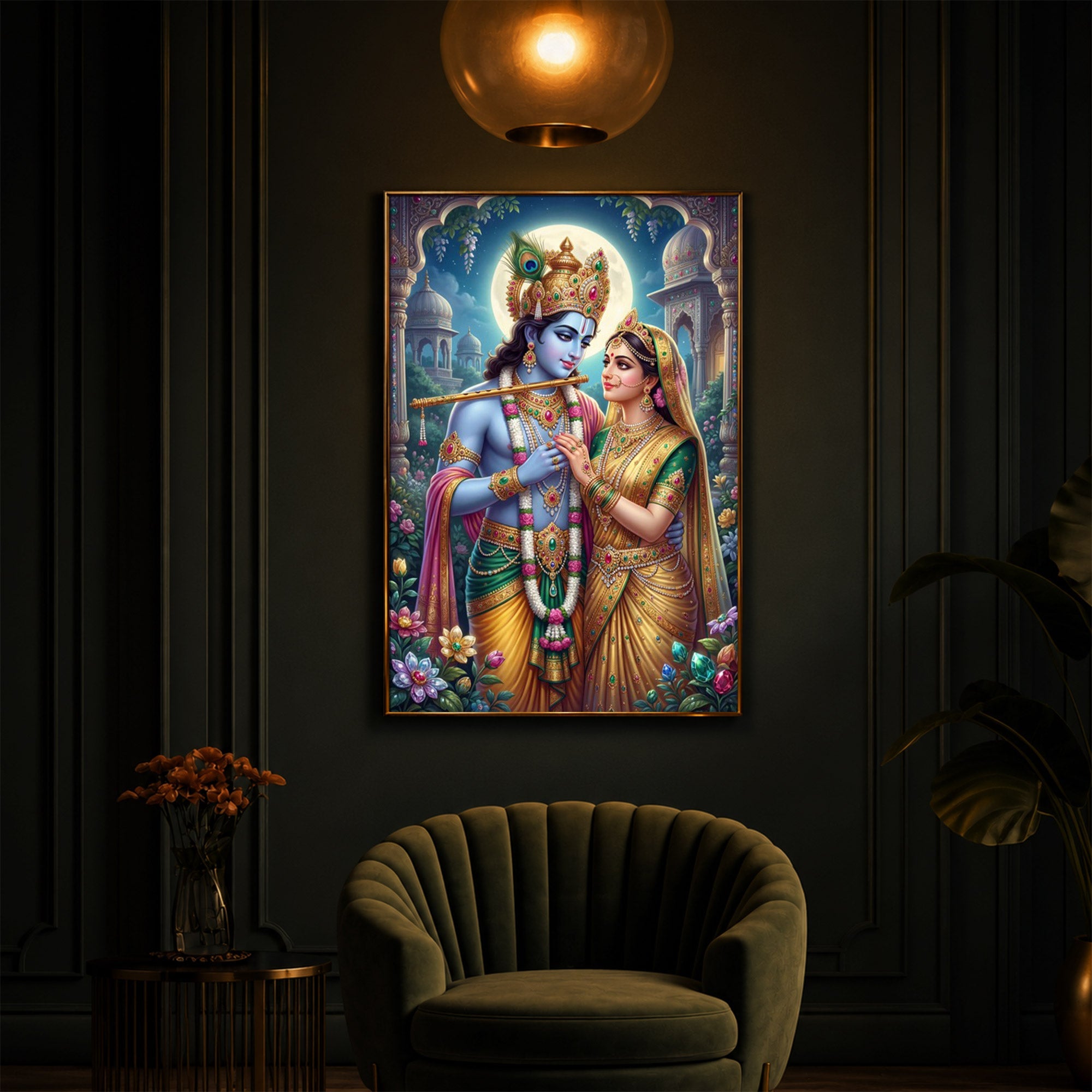 Goddess Shri Radha and God Krishna Modern Luxury Backlight Vertical Wall Art