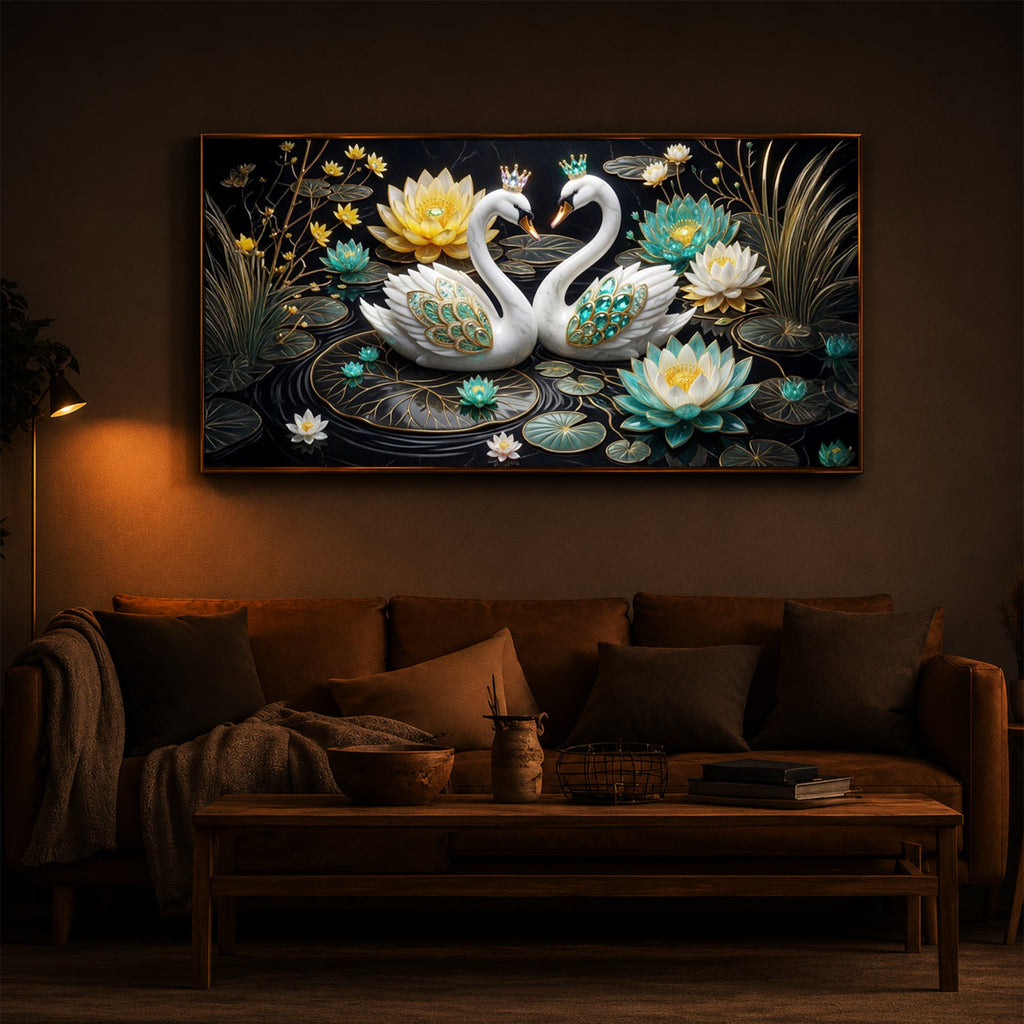 Pair Of White Swans Modern Luxury Backlight Horizontal Wall Art