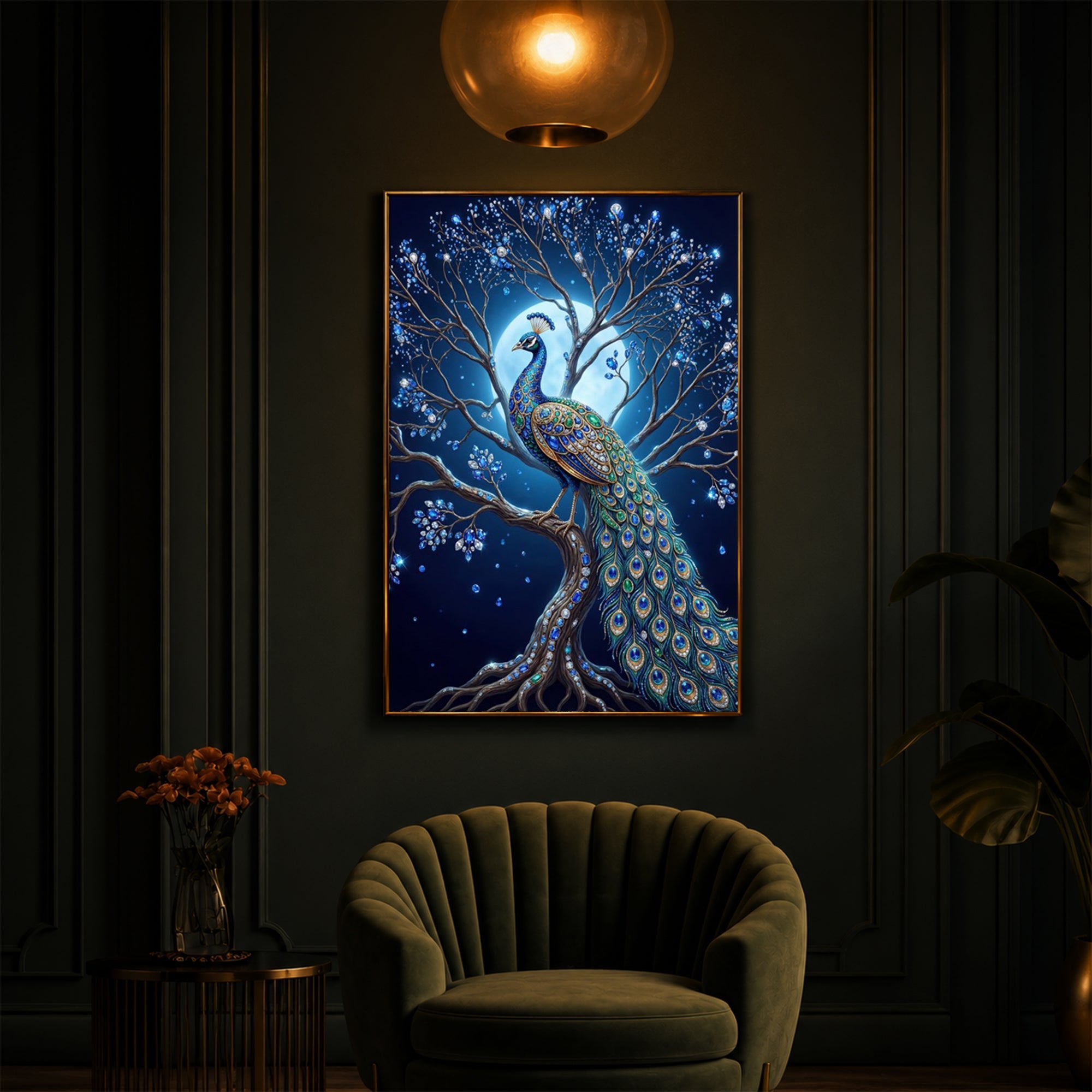 Blue Peacock Modern Luxury Backlight Vertical Wall Art