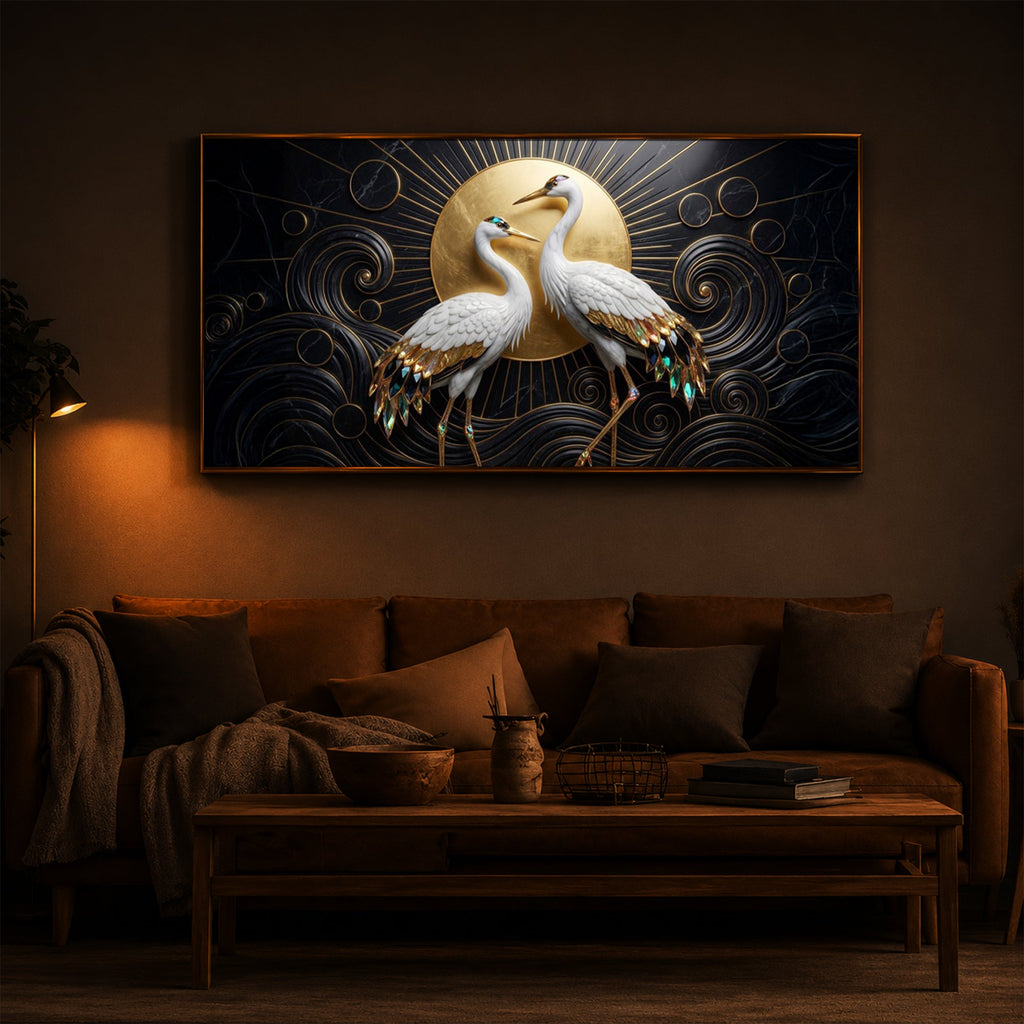 White Crane Modern Luxury Backlight Horizontal Wall Art