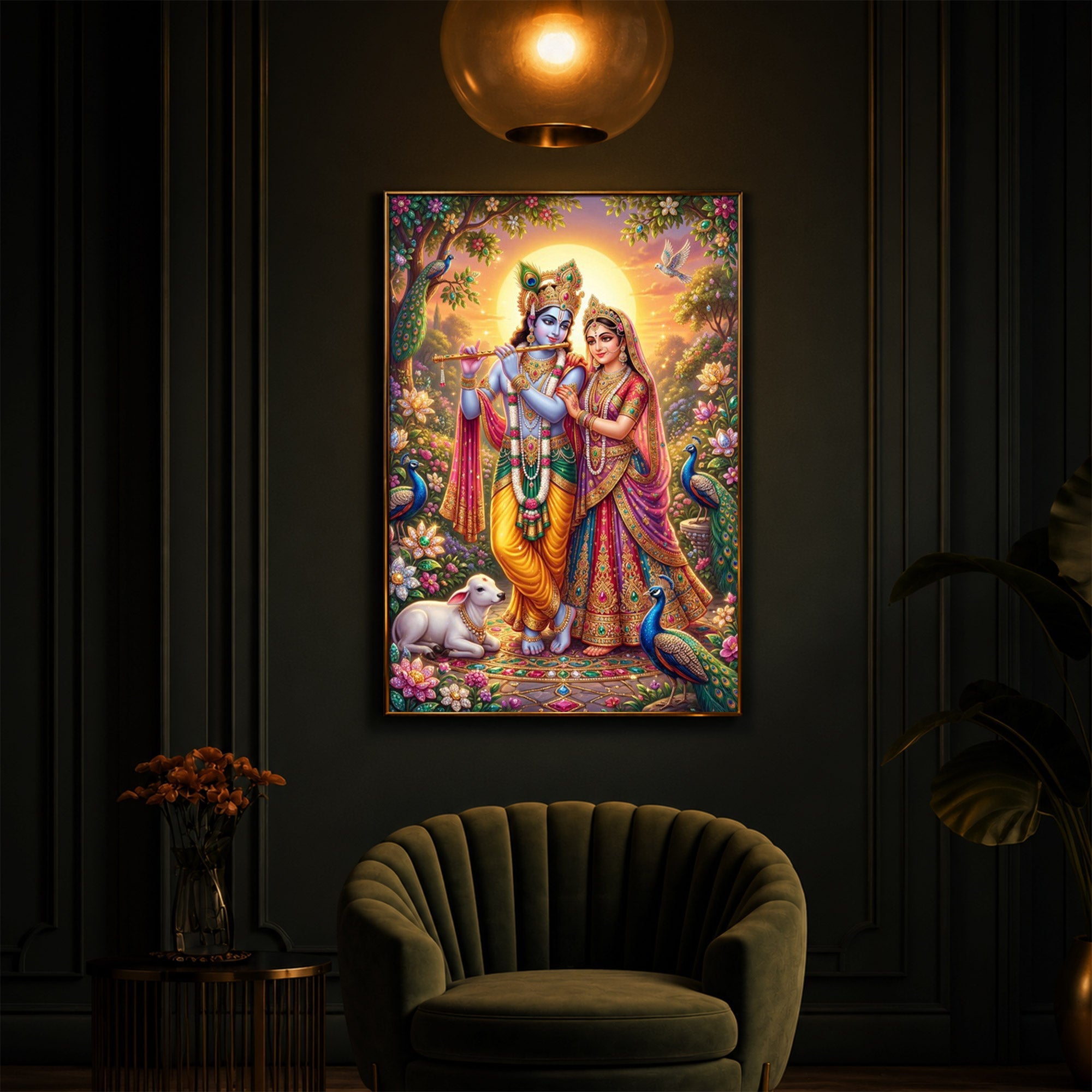 Radha Krishna Divine Harmony Modern Luxury Backlight Vertical Wall Art