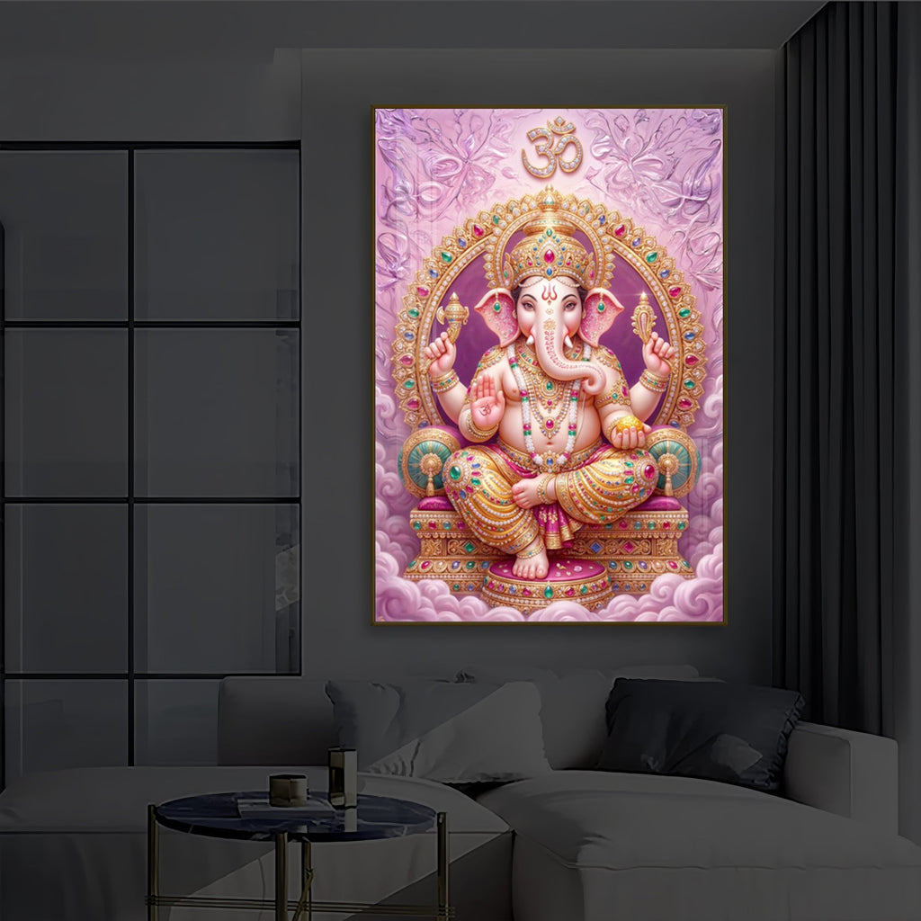 Vakratunda Mahakaya Ganesh Ji Modern Luxury Backlight Vertical Wall Art