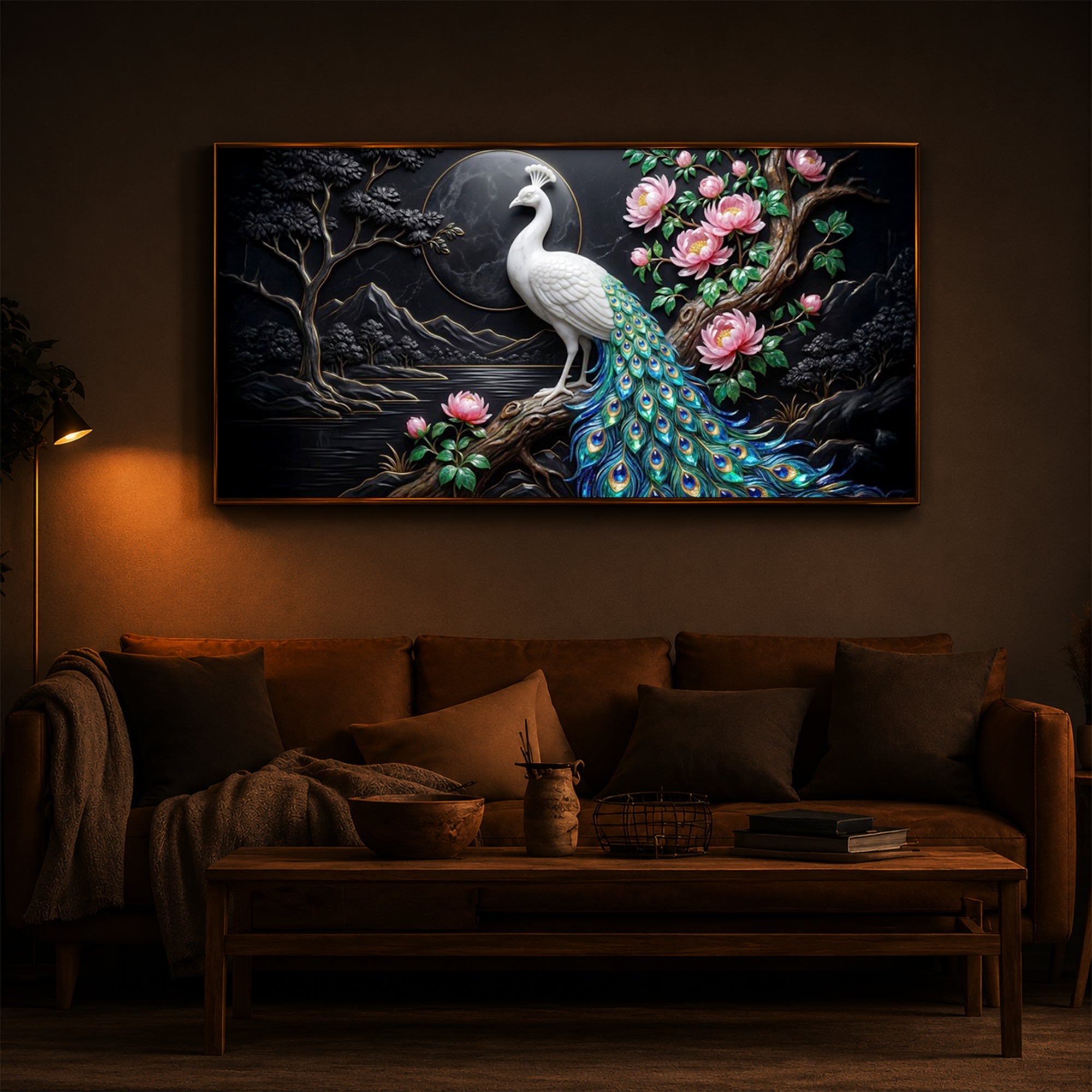 White Peacock With Flowers Modern Luxury Backlight Horizontal Wall Art