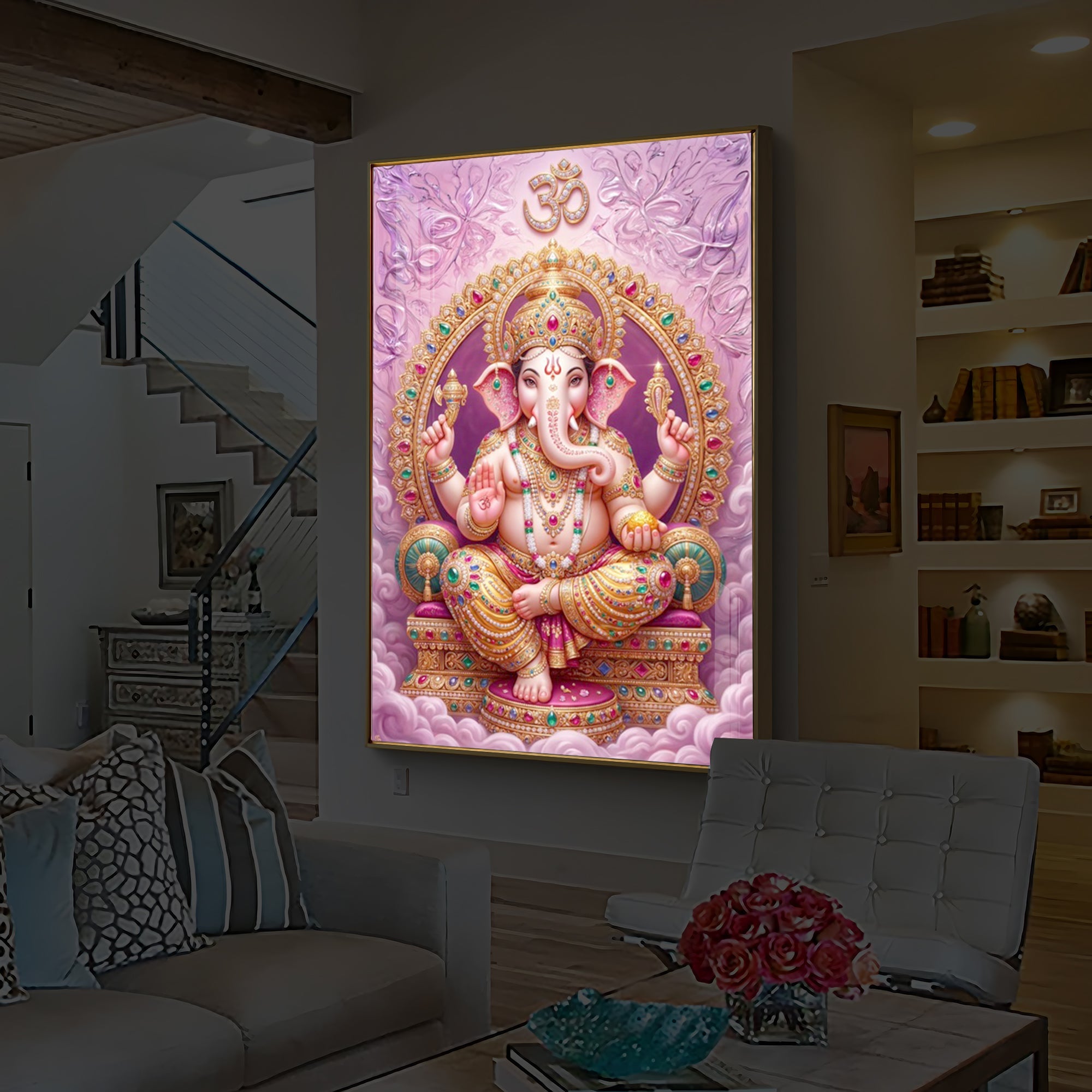 Vakratunda Mahakaya Ganesh Ji Modern Luxury Backlight Vertical Wall Art