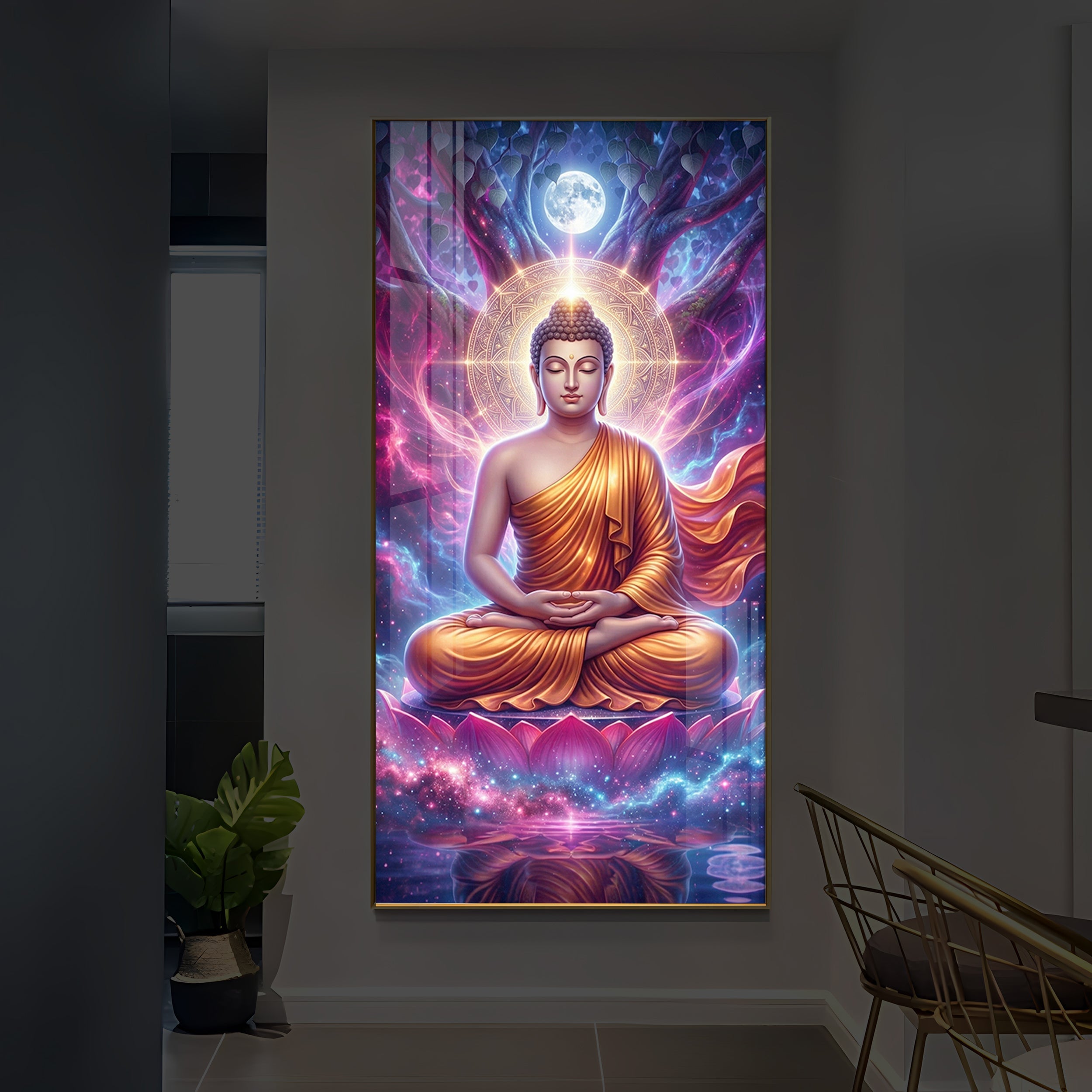 Lord Buddha Modern Luxury Backlight Vertical Wall Art