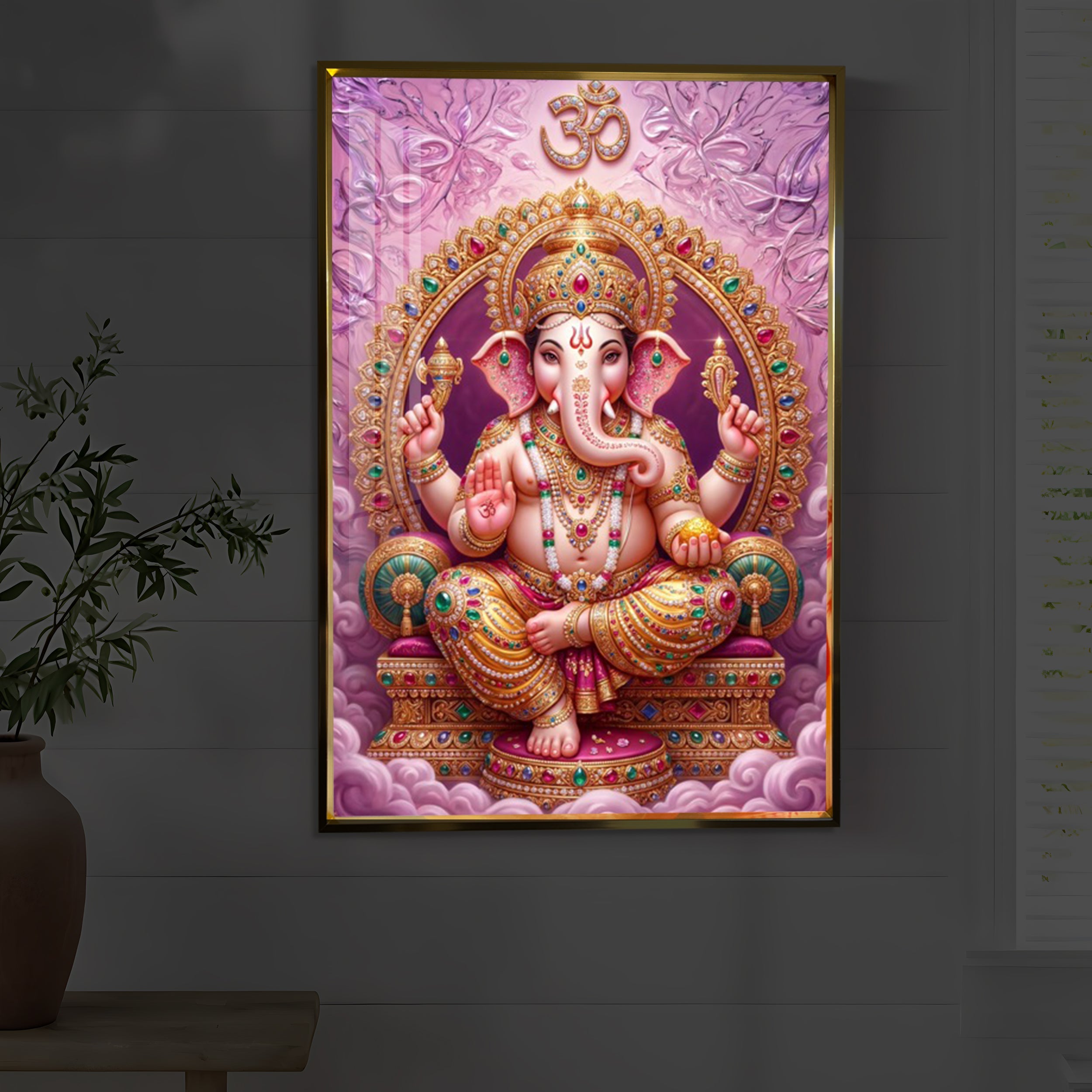 Vakratunda Mahakaya Ganesh Ji Modern Luxury Backlight Vertical Wall Art