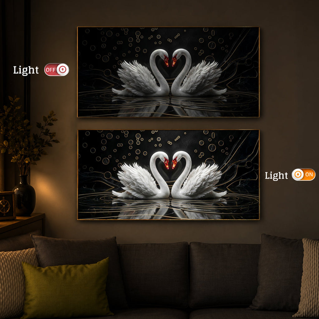 Two White Swans Forming A Heart Modern Luxury Backlight Horizontal Wall Art