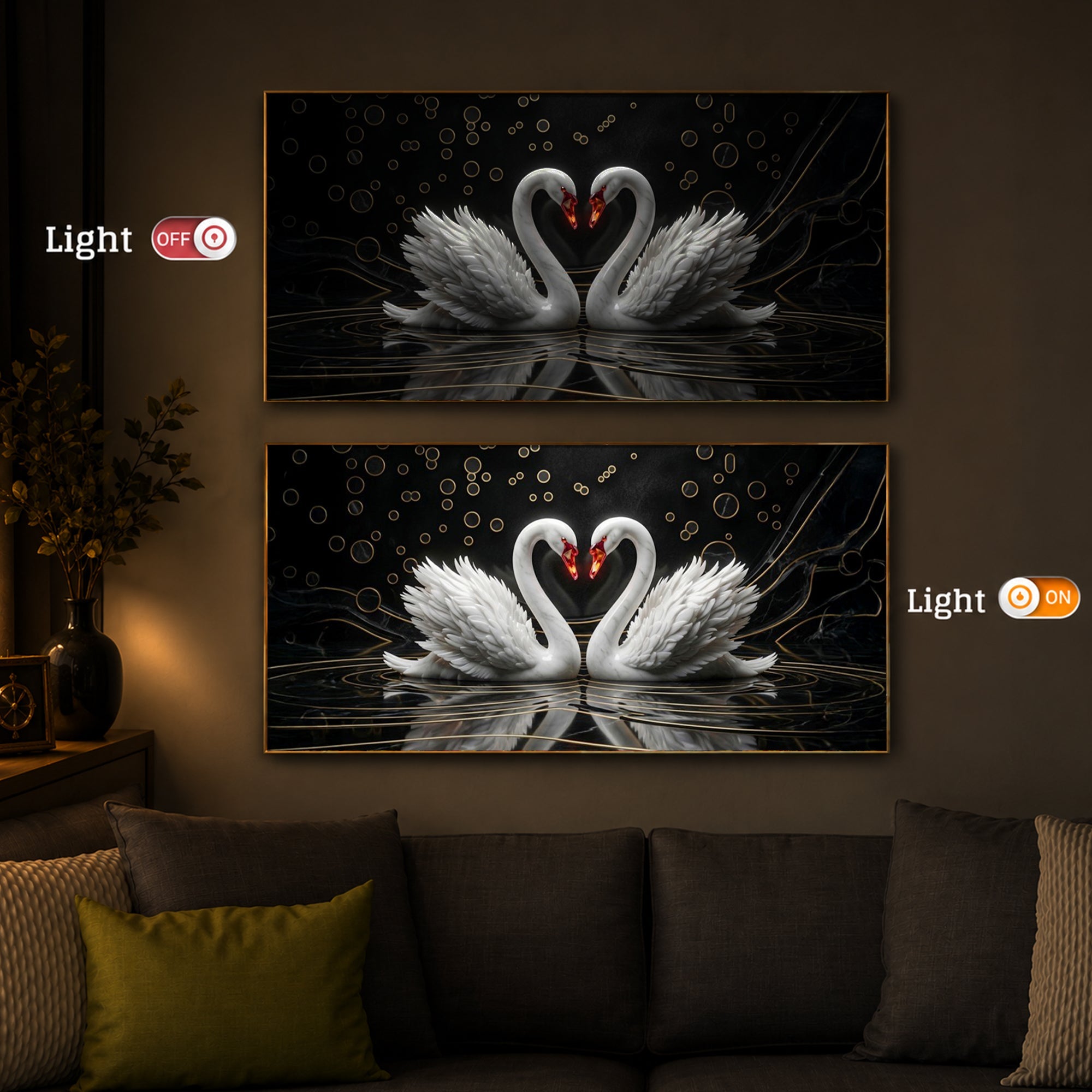 Two White Swans Forming A Heart Modern Luxury Backlight Horizontal Wall Art
