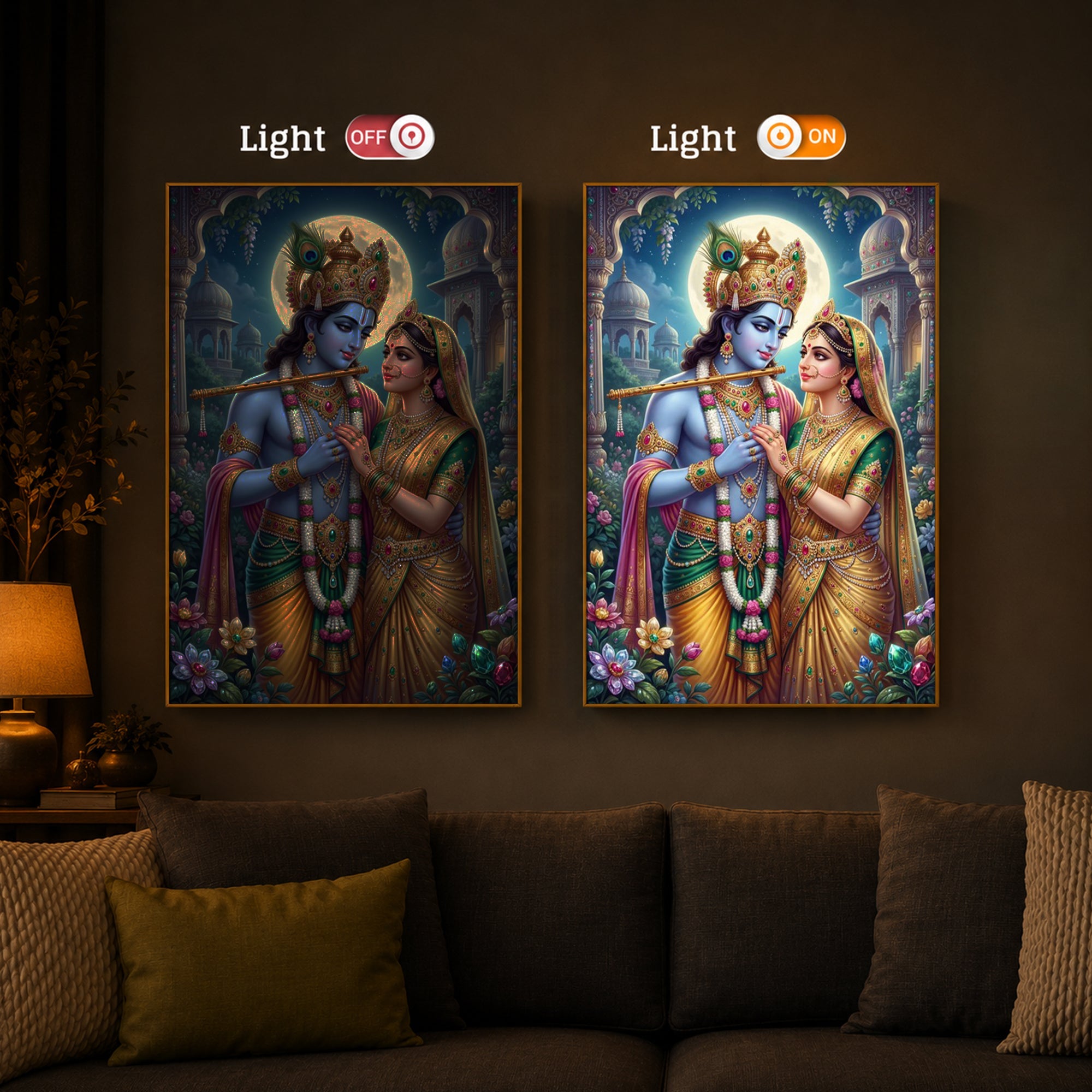 Goddess Shri Radha and God Krishna Modern Luxury Backlight Vertical Wall Art