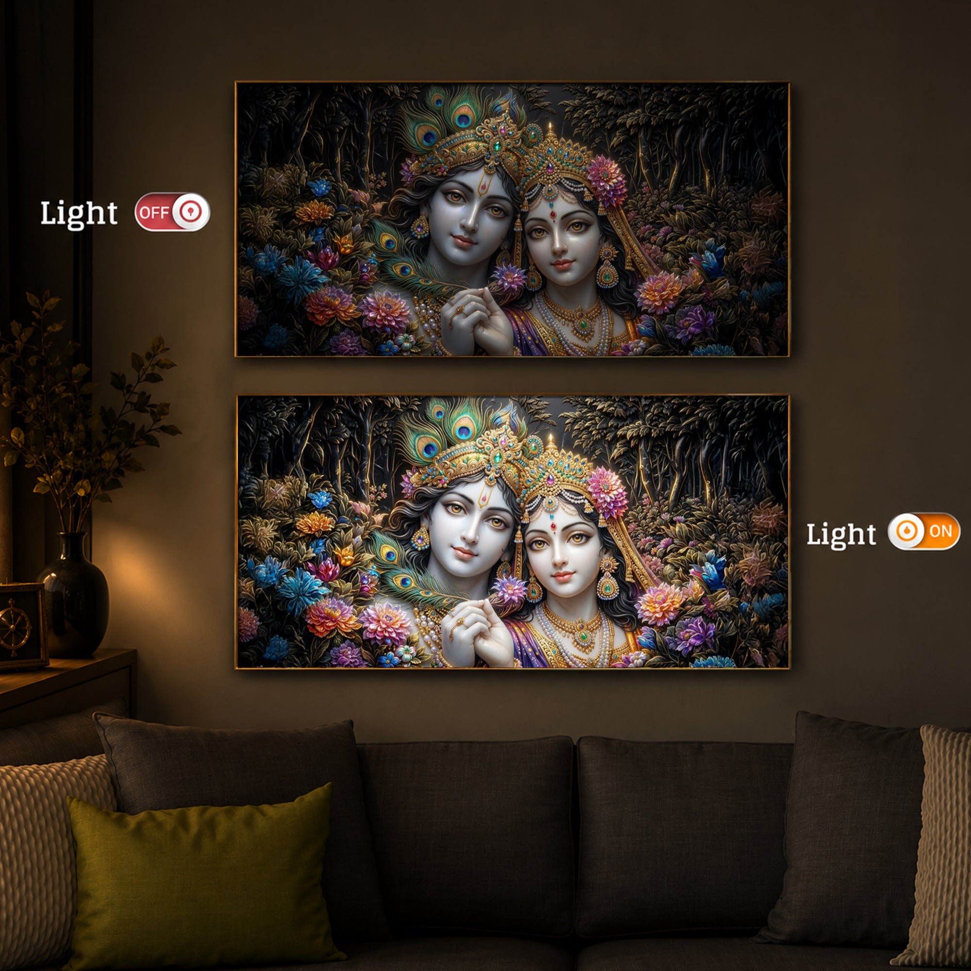 Spiritual Serenity Radha Krishna Modern Luxury Backlight Horizontal Wall Art