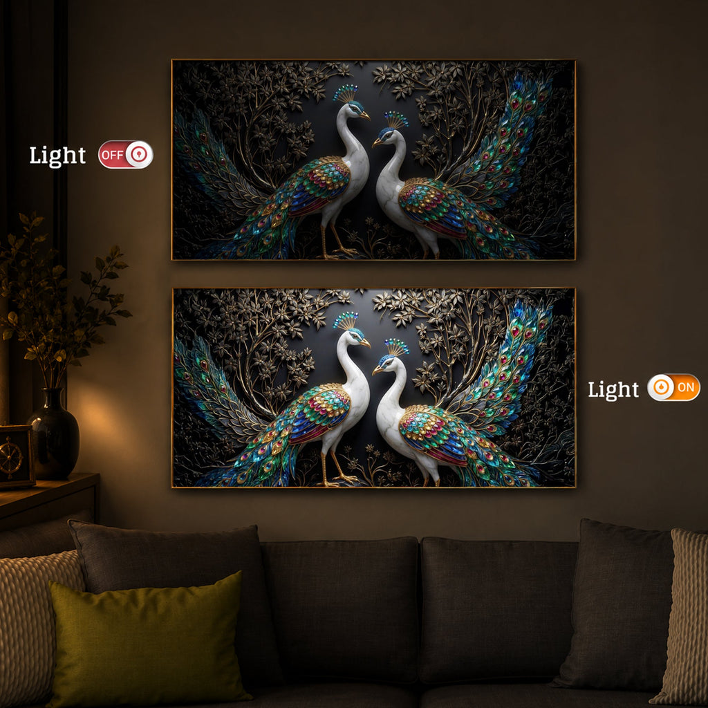 Serene Peacock Modern Luxury Backlight Horizontal Wall Art
