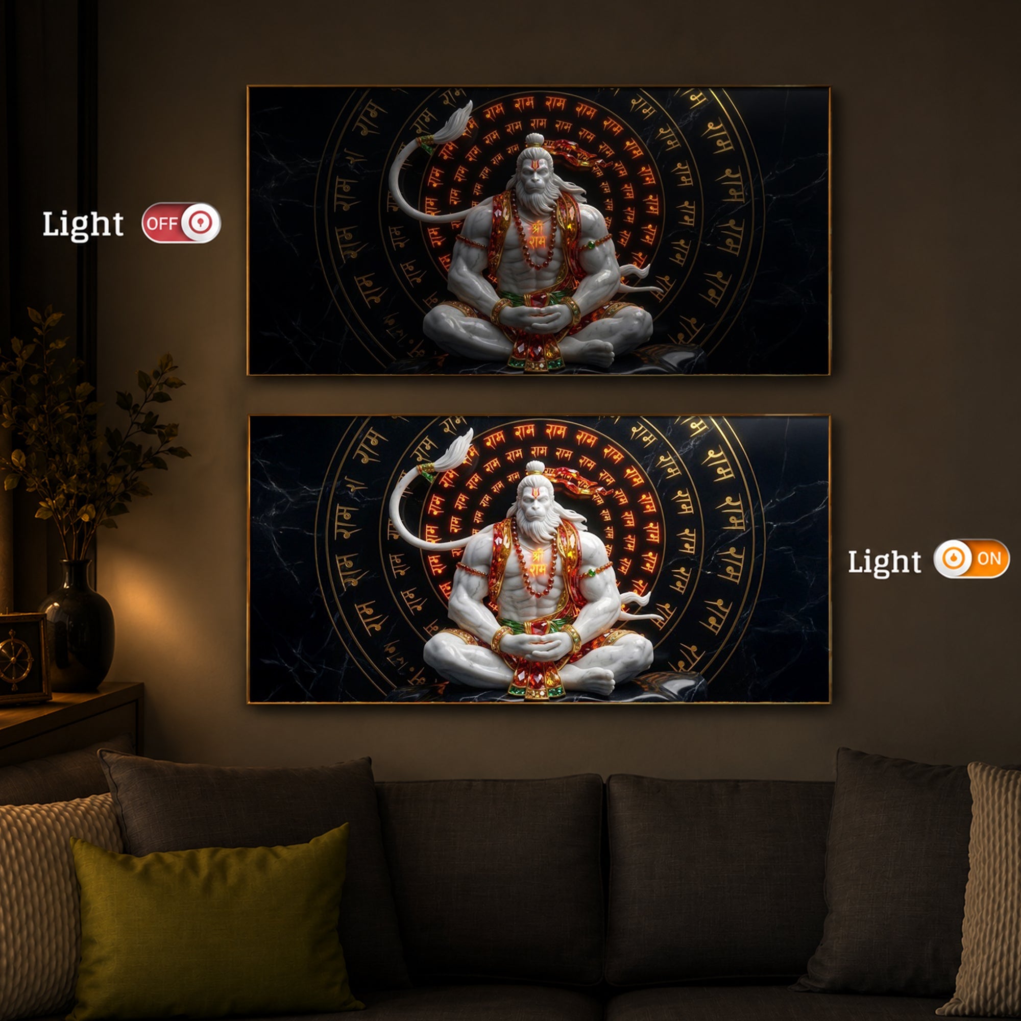 Lord Hanuman Sitting In A Meditative Modern Luxury Backlight Horizontal Wall Art