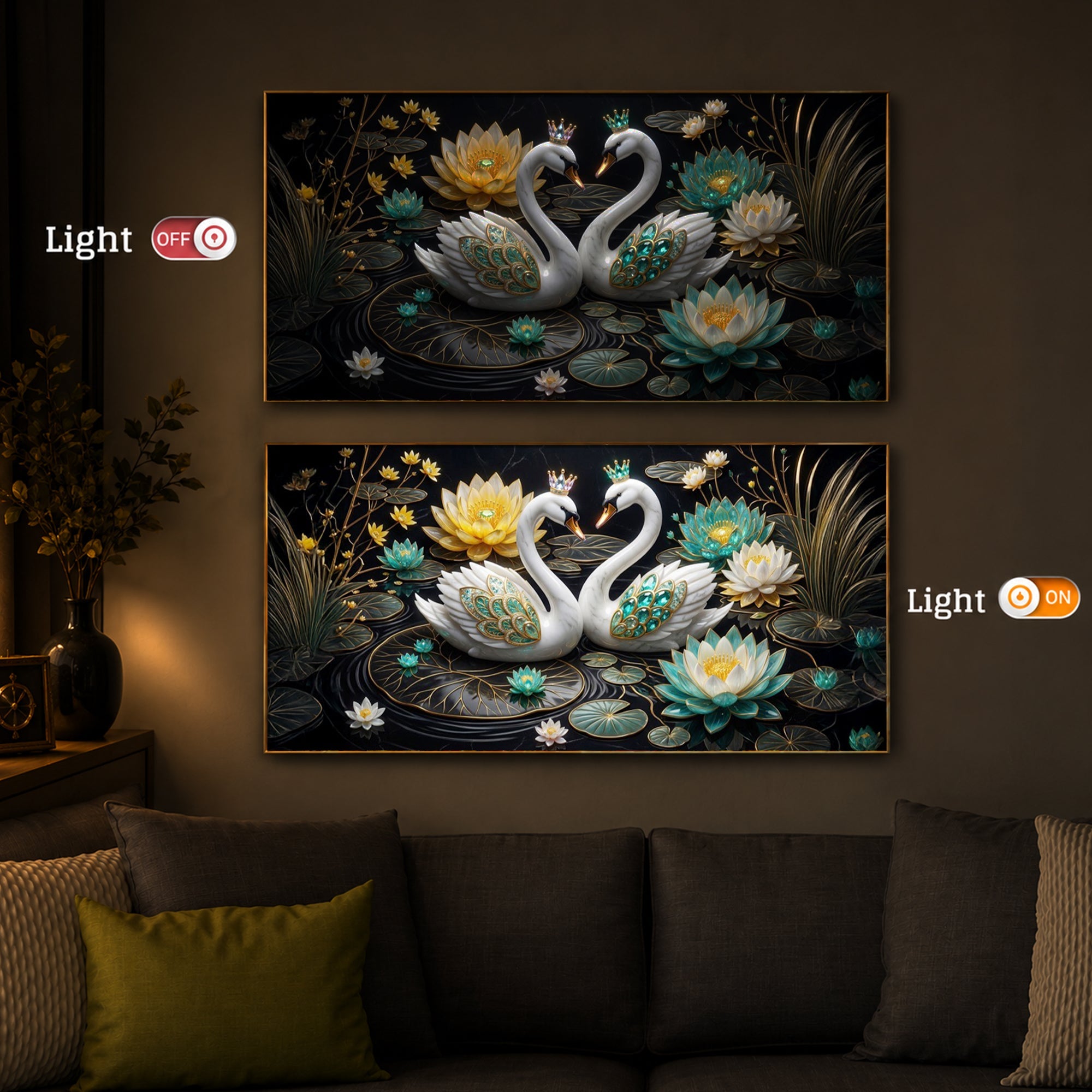 Pair Of White Swans Modern Luxury Backlight Horizontal Wall Art