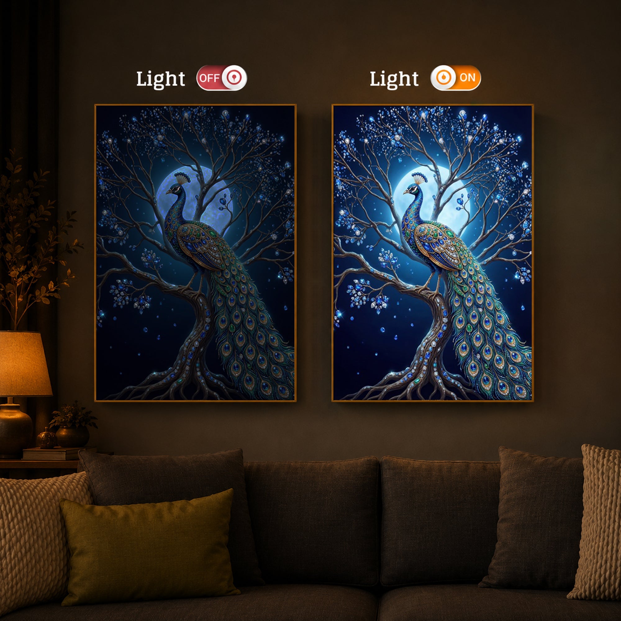 Blue Peacock Modern Luxury Backlight Vertical Wall Art