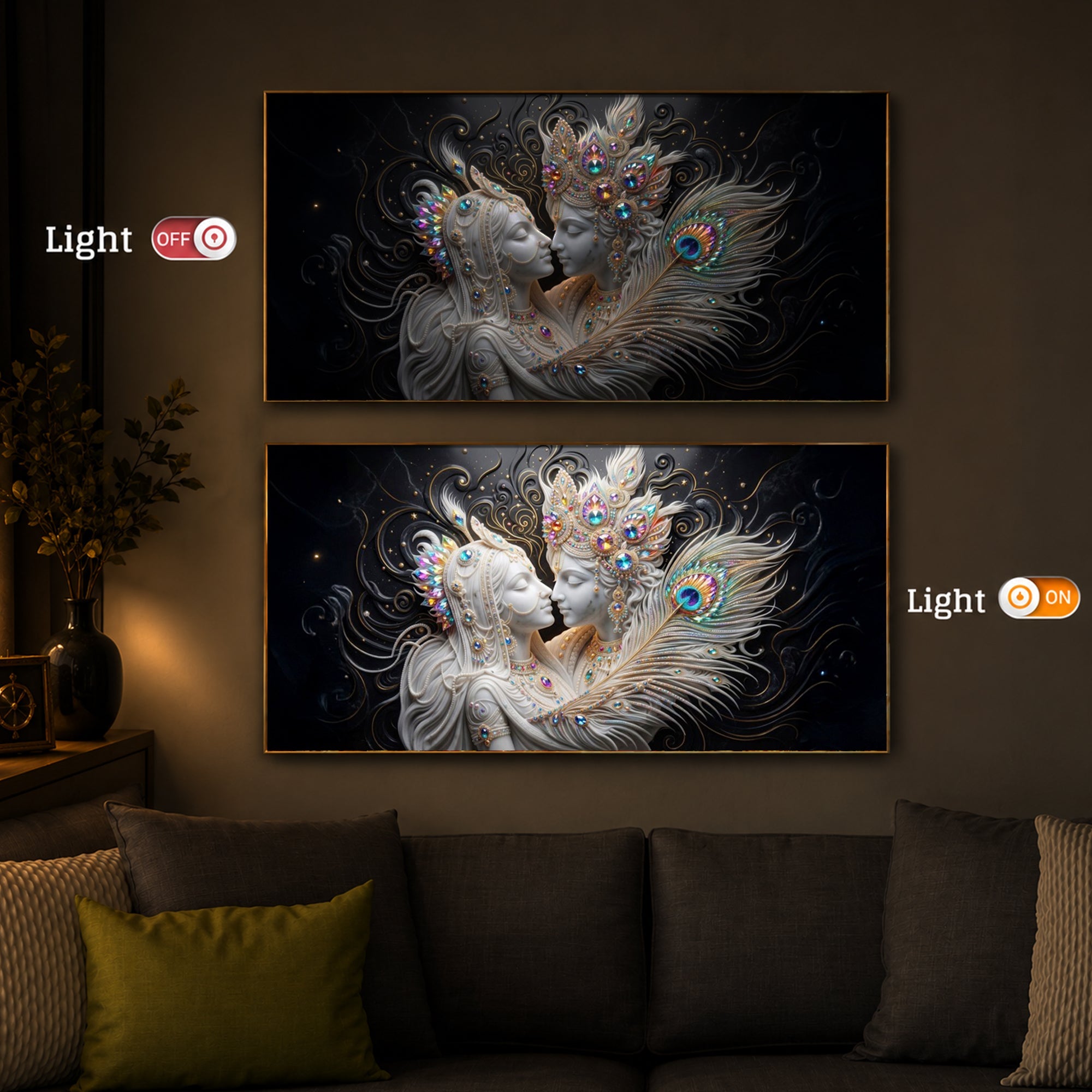 Depicts Radha Krishna Modern Luxury Backlight Horizontal Wall Art