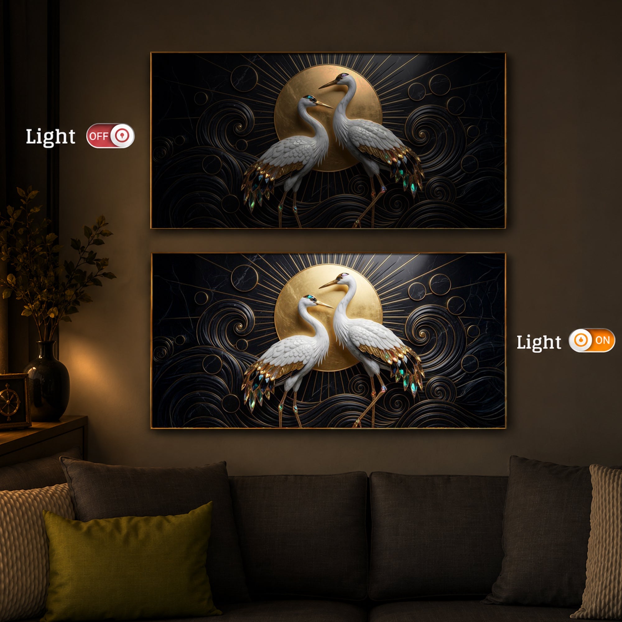 White Crane Modern Luxury Backlight Horizontal Wall Art