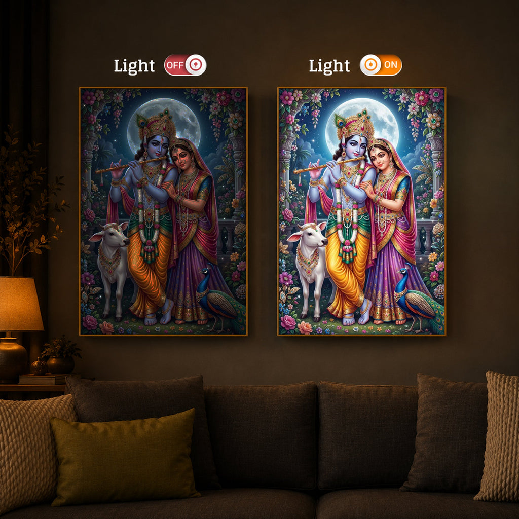 Moonlit Radha Krishna Leela Modern Luxury Backlight Vertical Wall Art