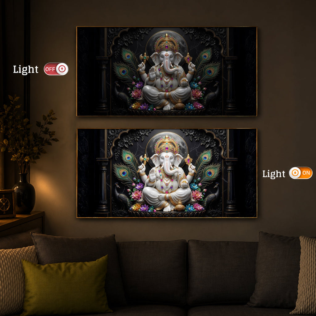 Lord Ganesha With Peacock Feather Modern Luxury Backlight Horizontal Wall Art