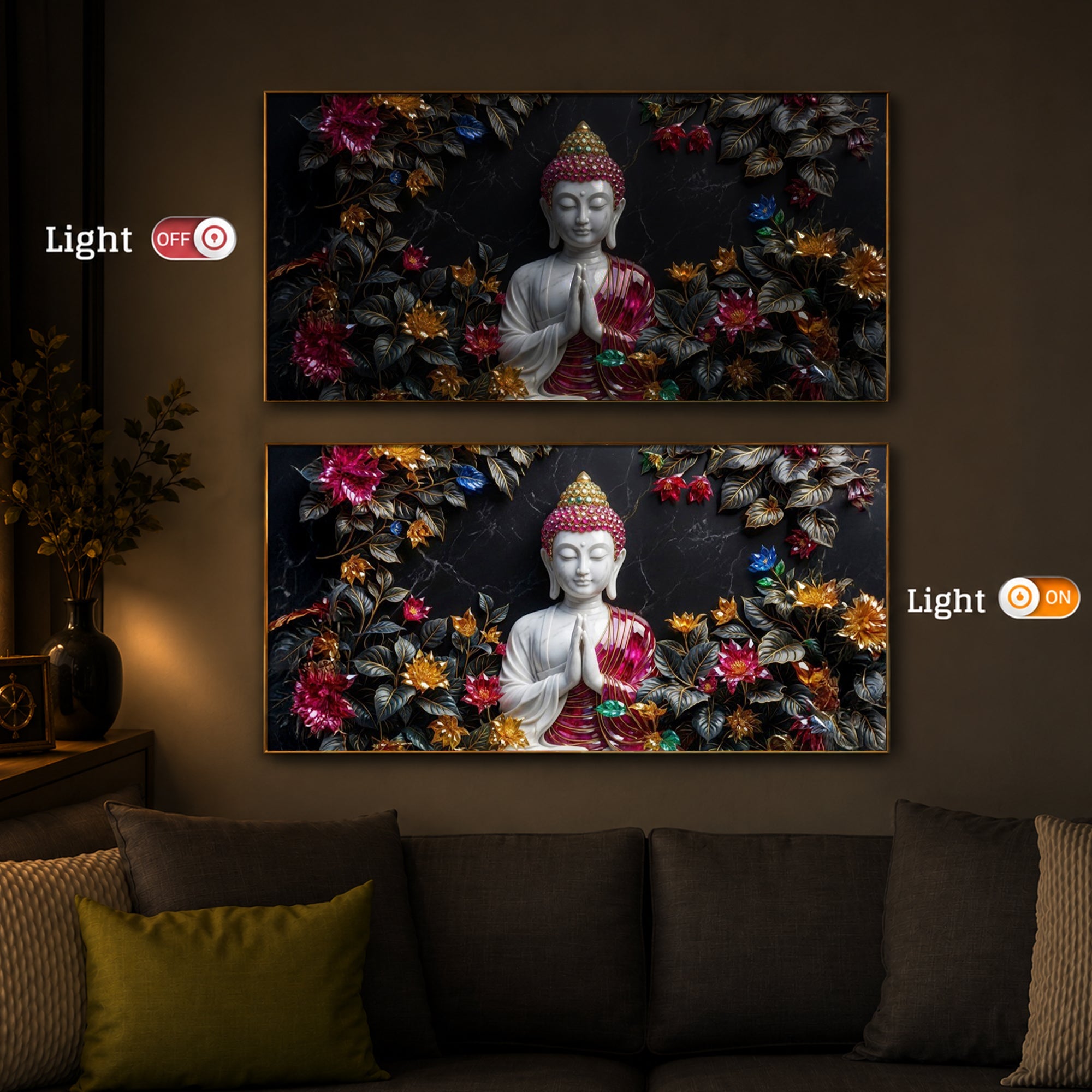 White Buddha With Pink Lotus Modern Luxury Backlight Horizontal Wall Art