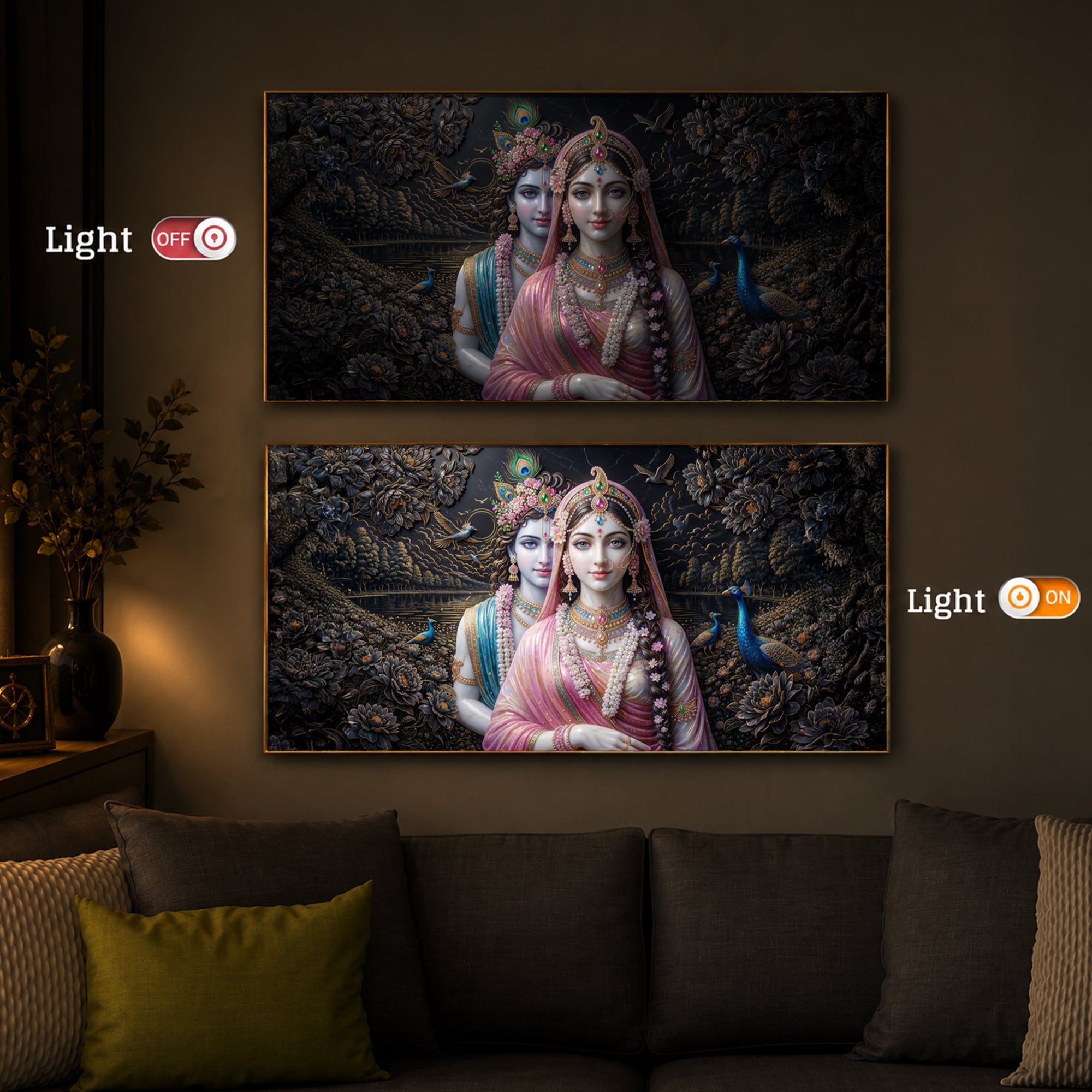 Blissful Radha Krishna Modern Luxury Backlight Horizontal Wall Art