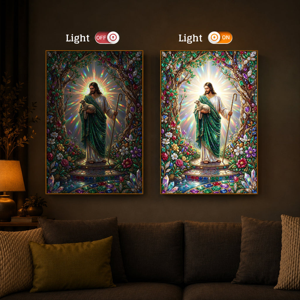 Divine Good Shepherd Jesus Modern Luxury Backlight Vertical Wall Art