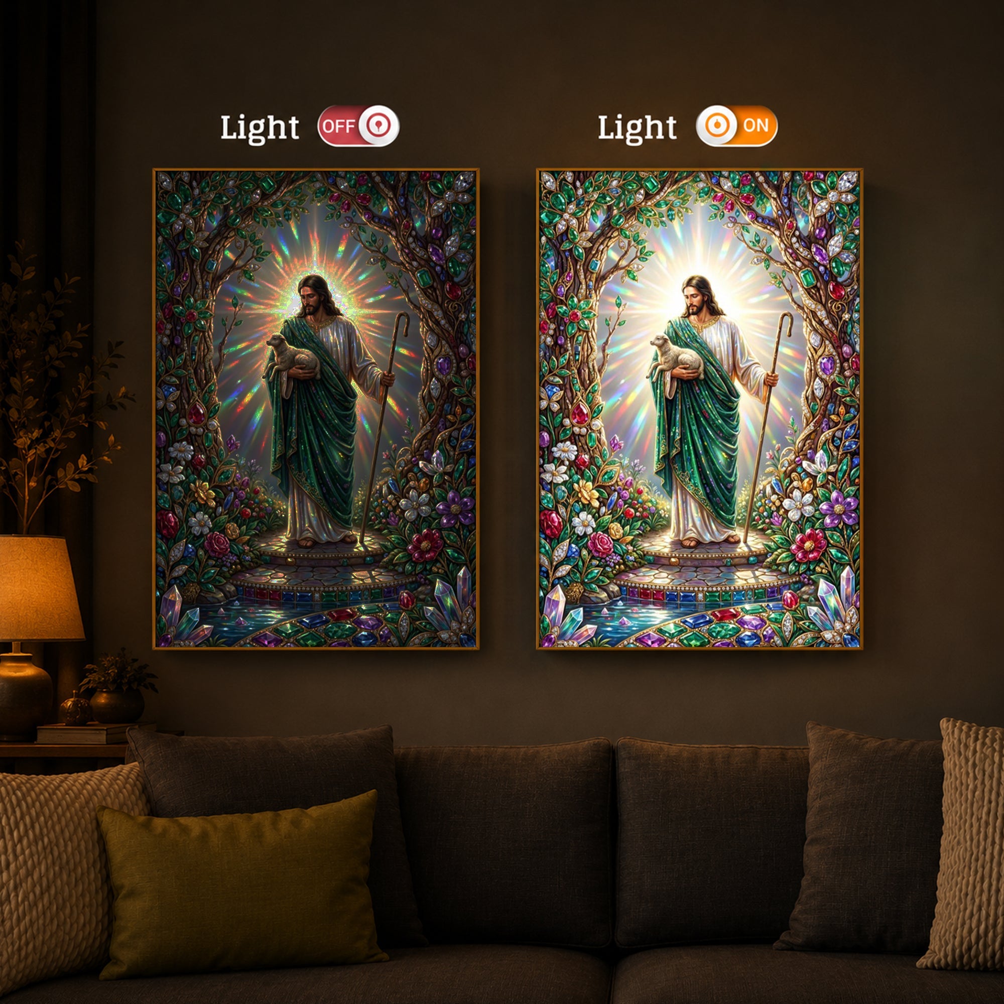 Divine Good Shepherd Jesus Modern Luxury Backlight Vertical Wall Art