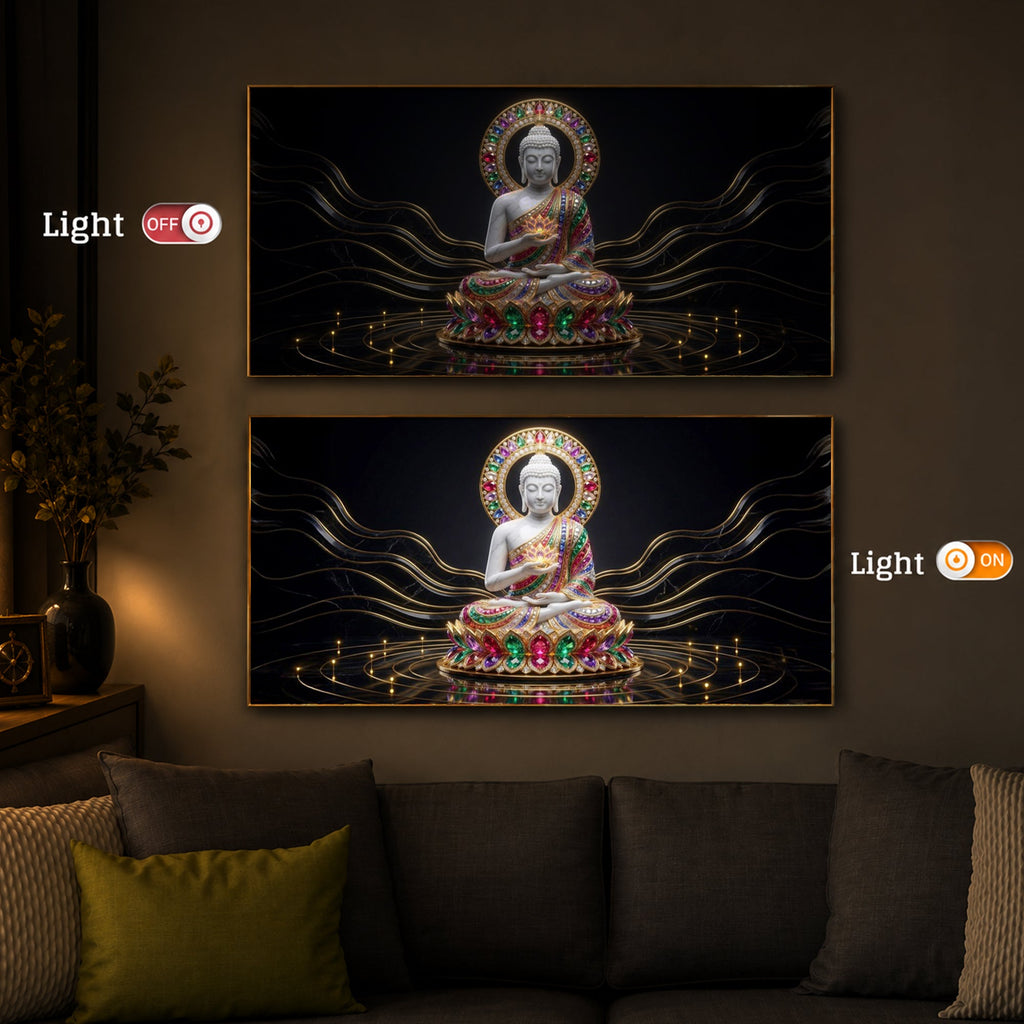 White Buddha Statue Modern Luxury Backlight Horizontal Wall Art