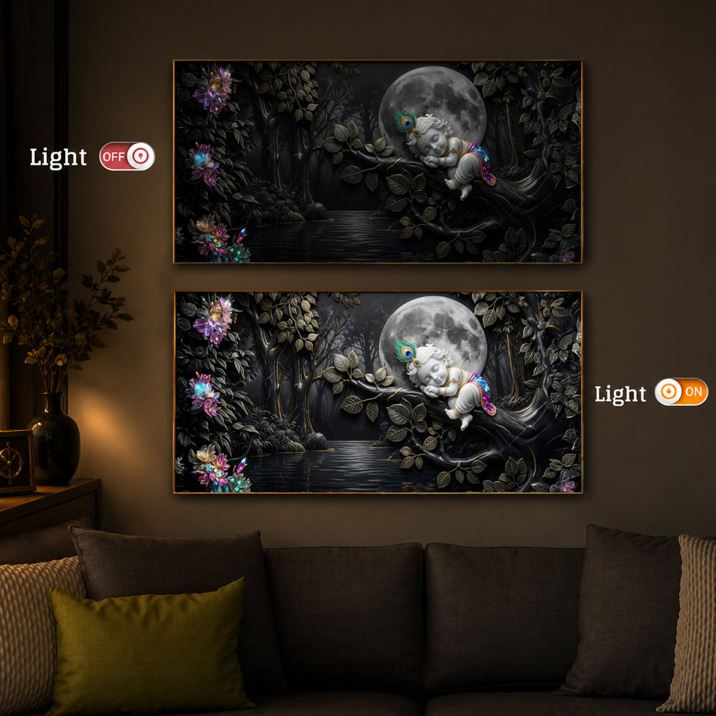 Divine Lord Little Krishna Modern Luxury Backlight Horizontal Wall Art