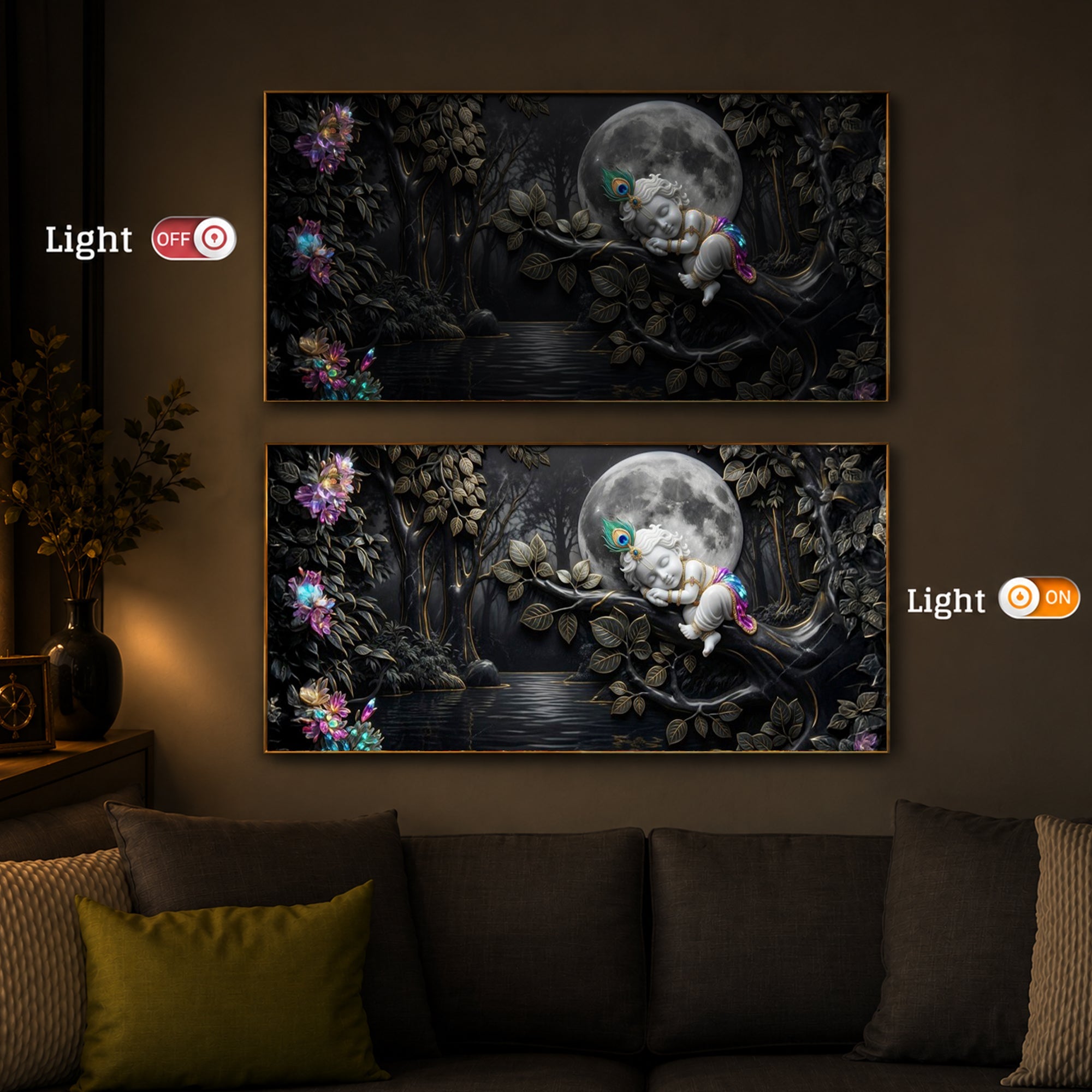 Divine Lord Little Krishna Modern Luxury Backlight Horizontal Wall Art