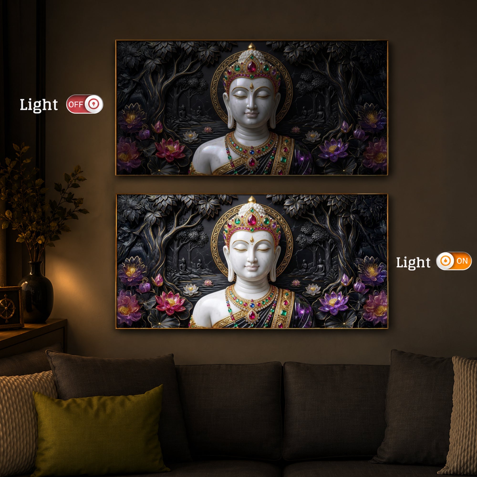 Lotus Serenity Lord Buddha Modern Luxury Backlight Horizontal Wall Art