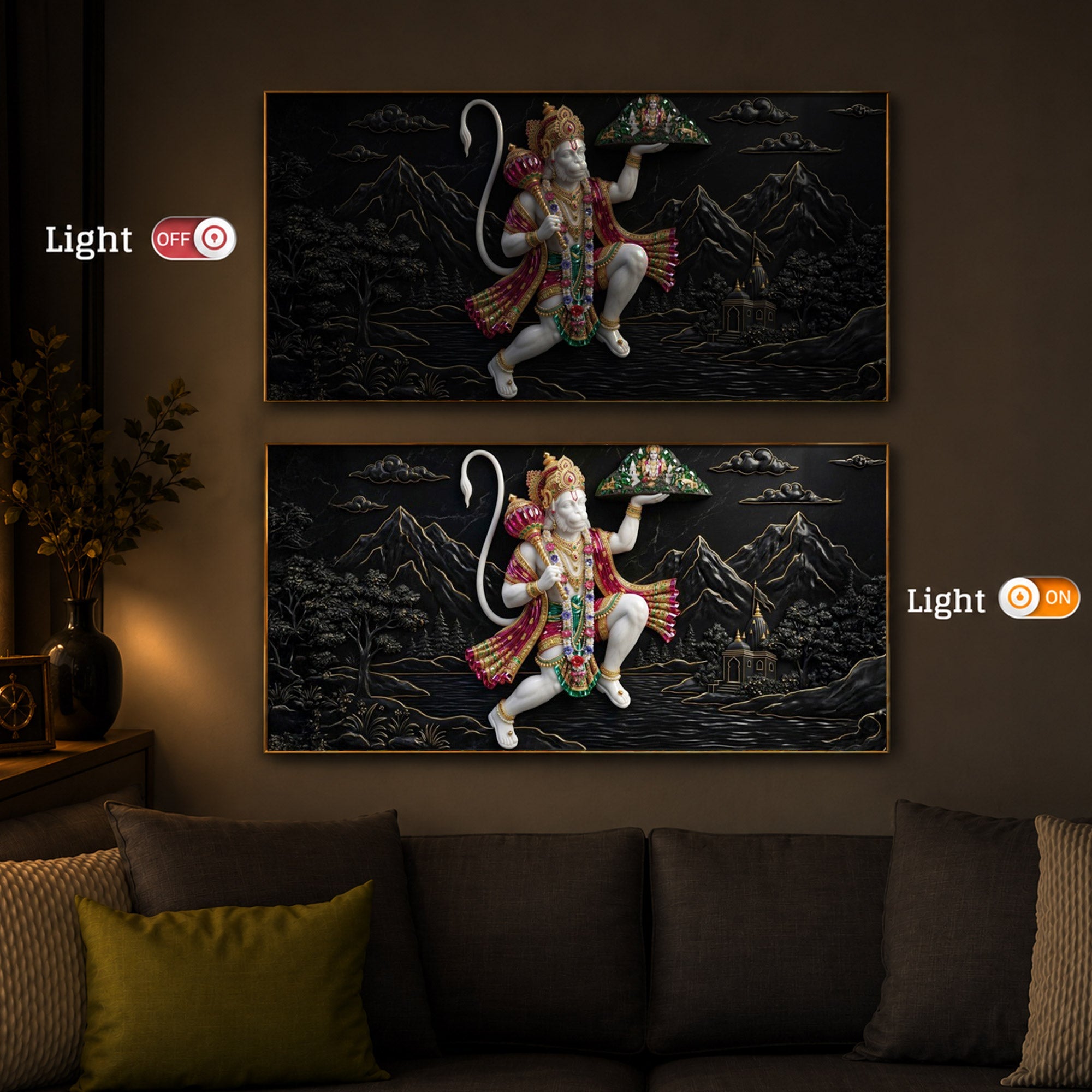 Lord Hanuman Carrying Sanjeevani Mountain Modern Luxury Backlight Horizontal Wall Art