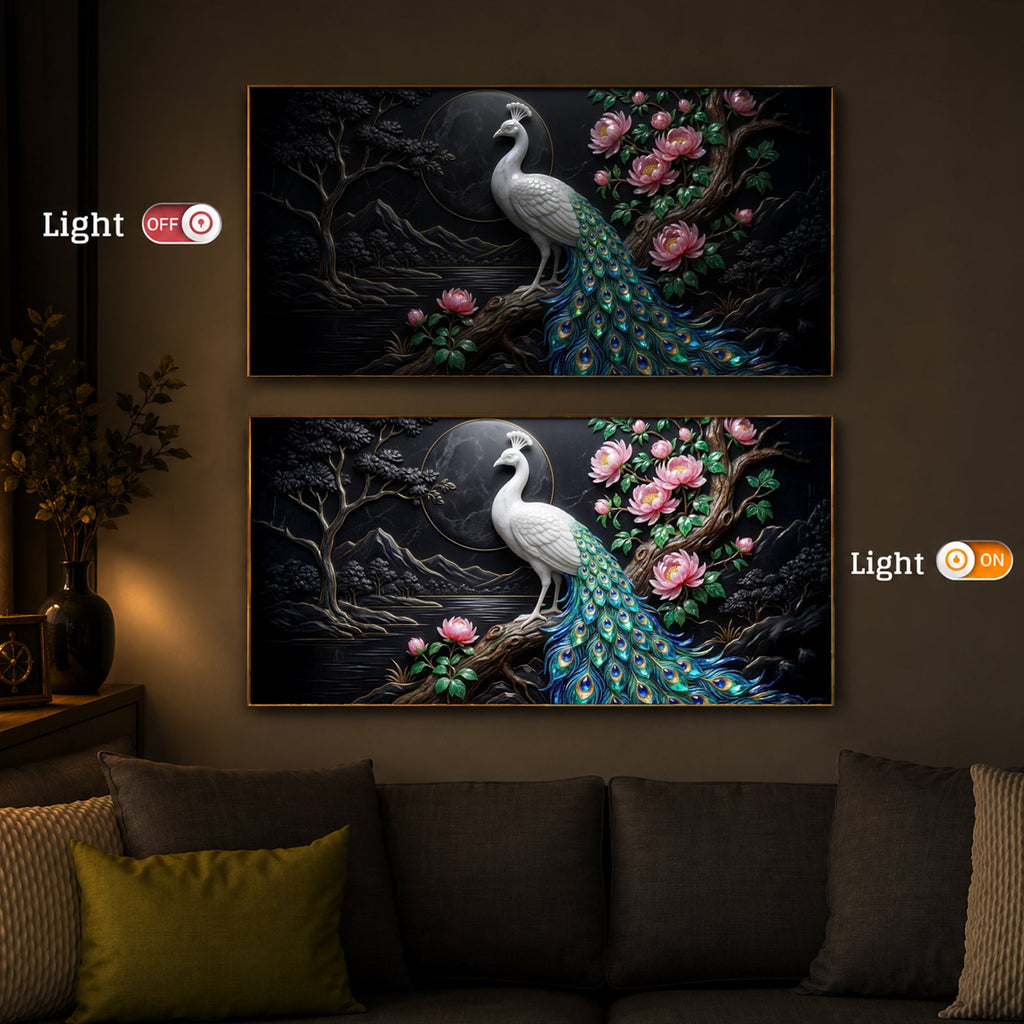 White Peacock With Flowers Modern Luxury Backlight Horizontal Wall Art