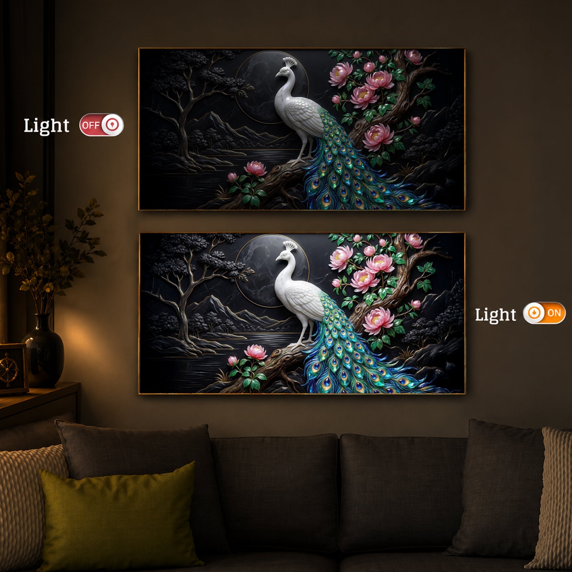 White Peacock With Flowers Modern Luxury Backlight Horizontal Wall Art