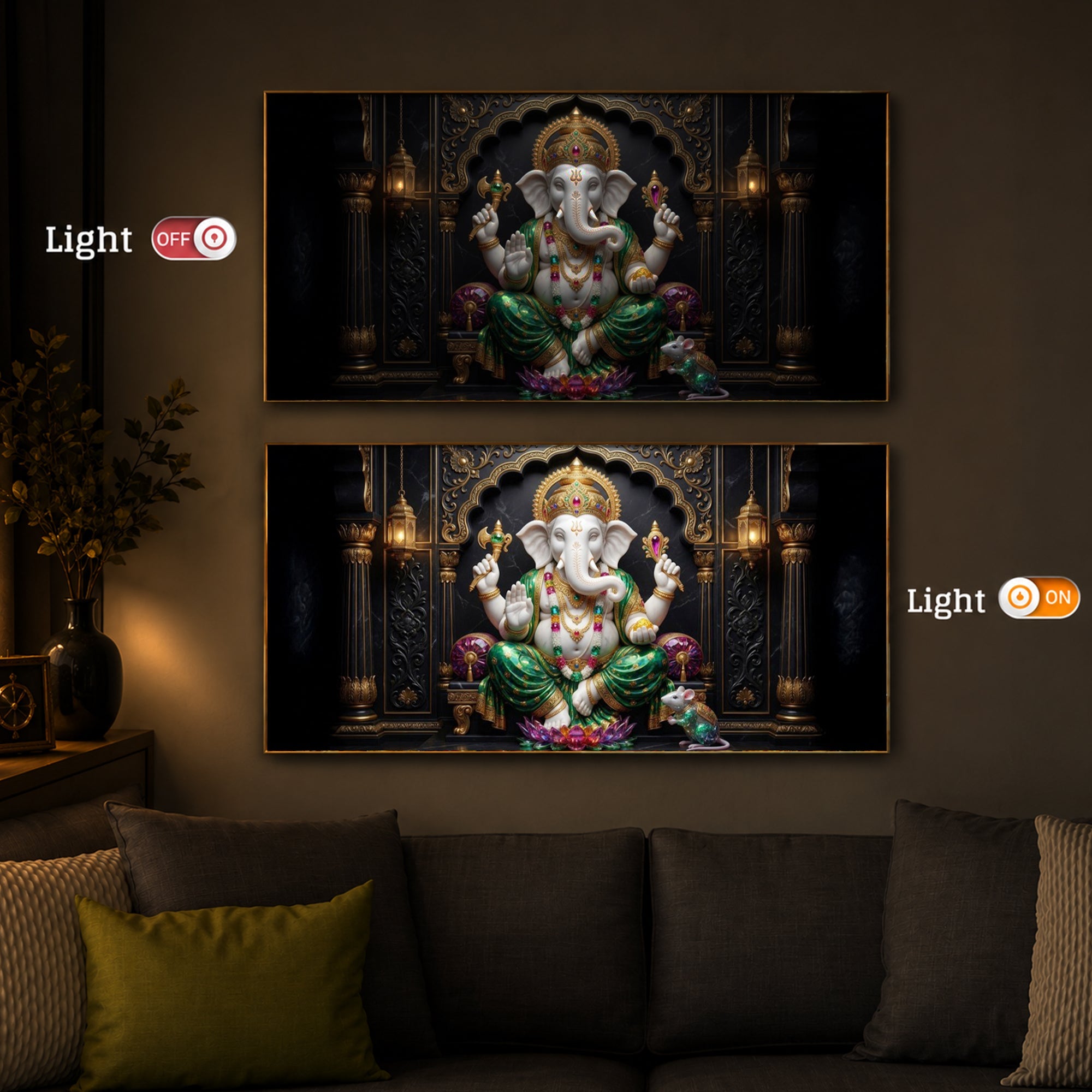 Majestic Lord Ganesha Luxury Backlight Horizontal Wall Art