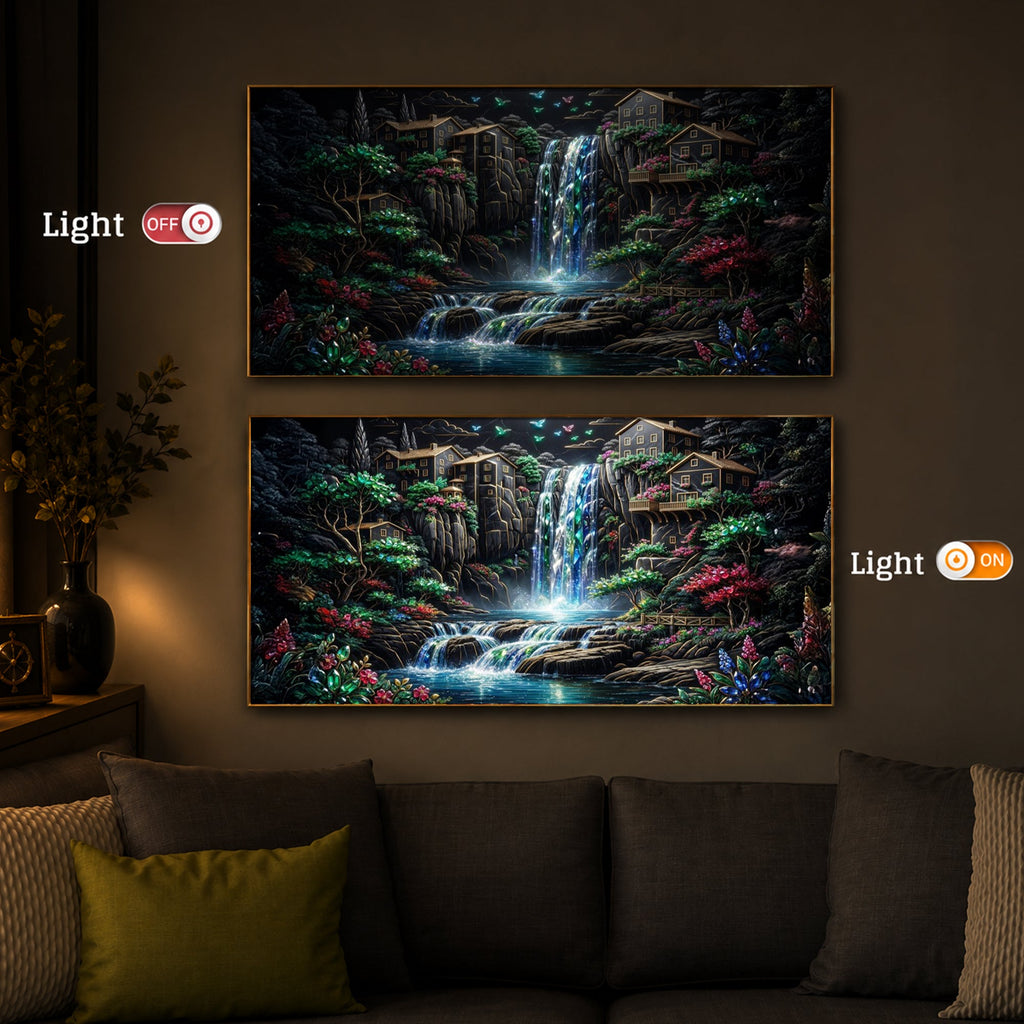 Lush Mountain Waterfall Modern Luxury Backlight Horizontal Wall Art