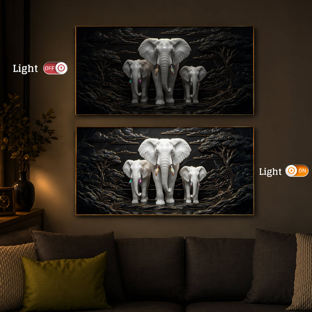 White Elephant Family Modern Luxury Backlight Horizontal Wall Art