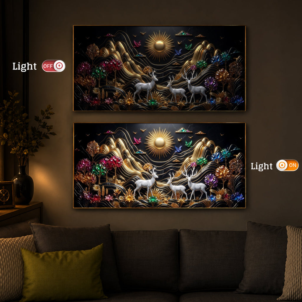 White Deer With Sun Modern Luxury Backlight Horizontal Wall Art