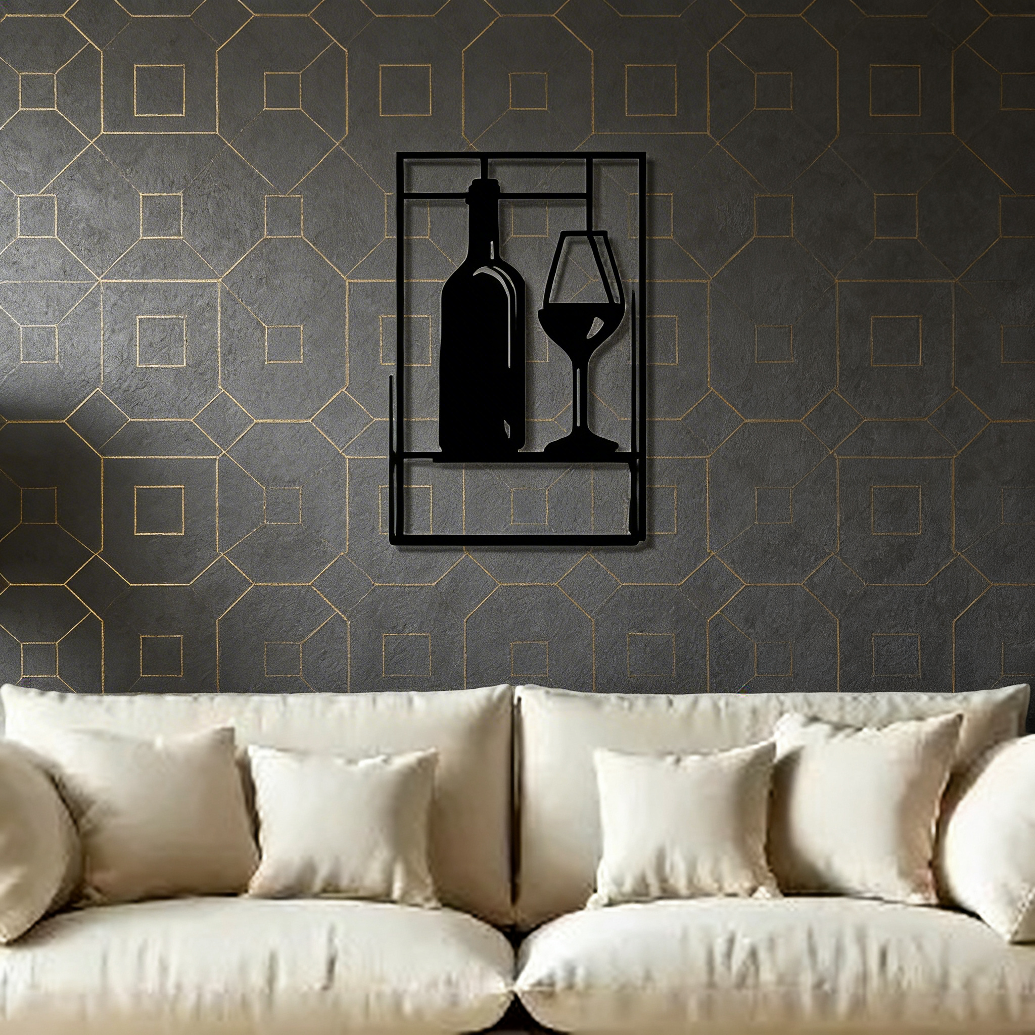Wine Bottle with Glass Design Bar Metal Art Wall Decor