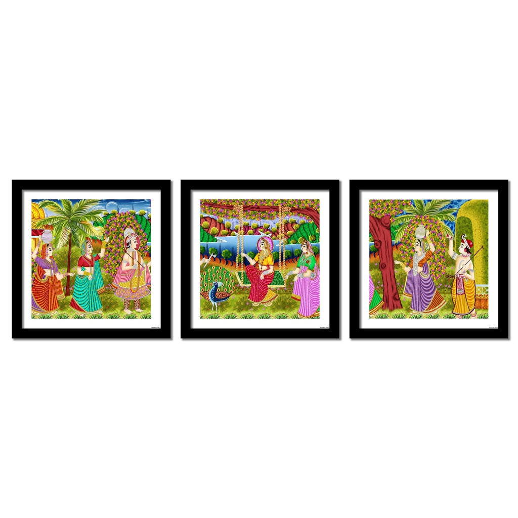 Premium 3 Pieces Wall Frame Painting of Indian Holy Place Mathura Vrindavan