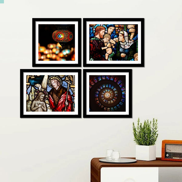 Christian Stained Glass Art 4 Pieces Wall Frame Hanging