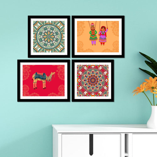 Mandala Pattern with Rajasthani Puppets & Camel 4 Pieces Wall Frame Hanging