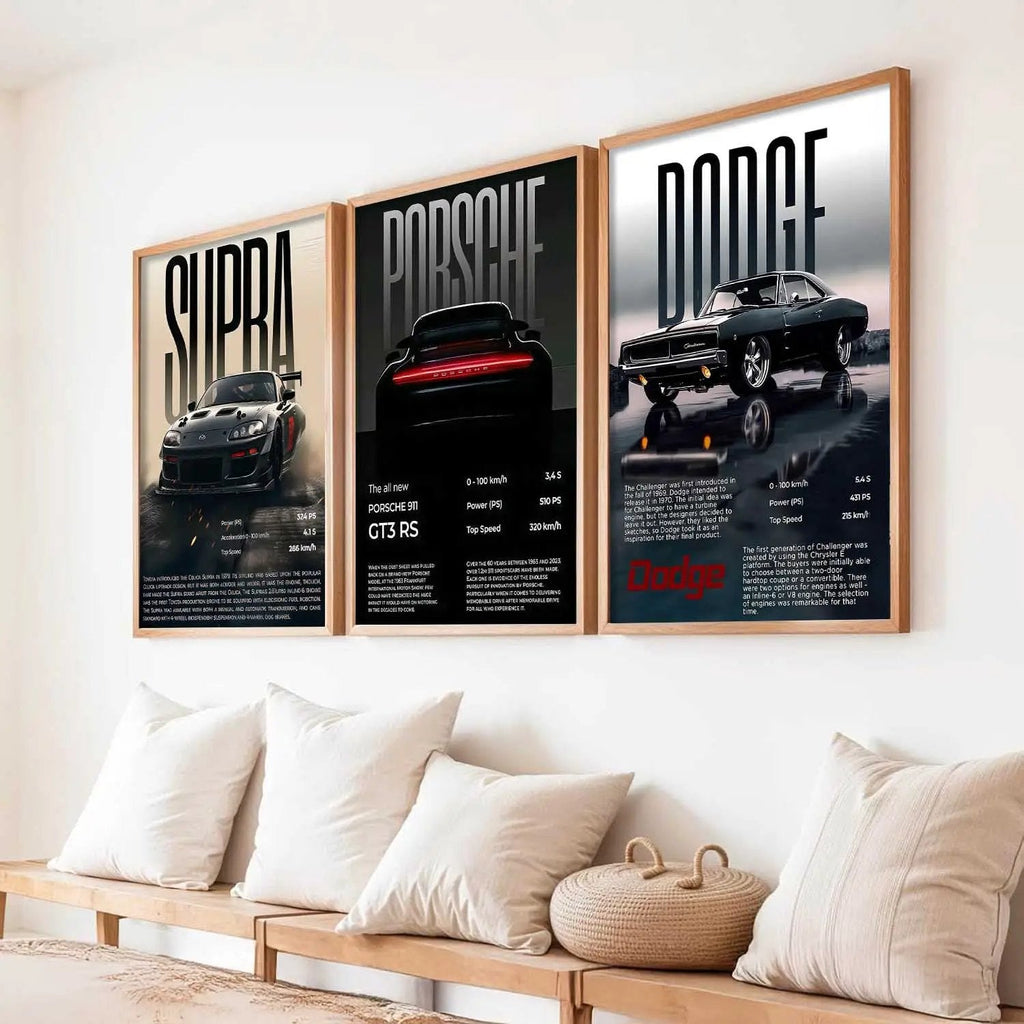 Big Toyota Supra, Porsche 911GT, Dodge Challenger Cars Wall Art Paintings for Living Room Bedroom