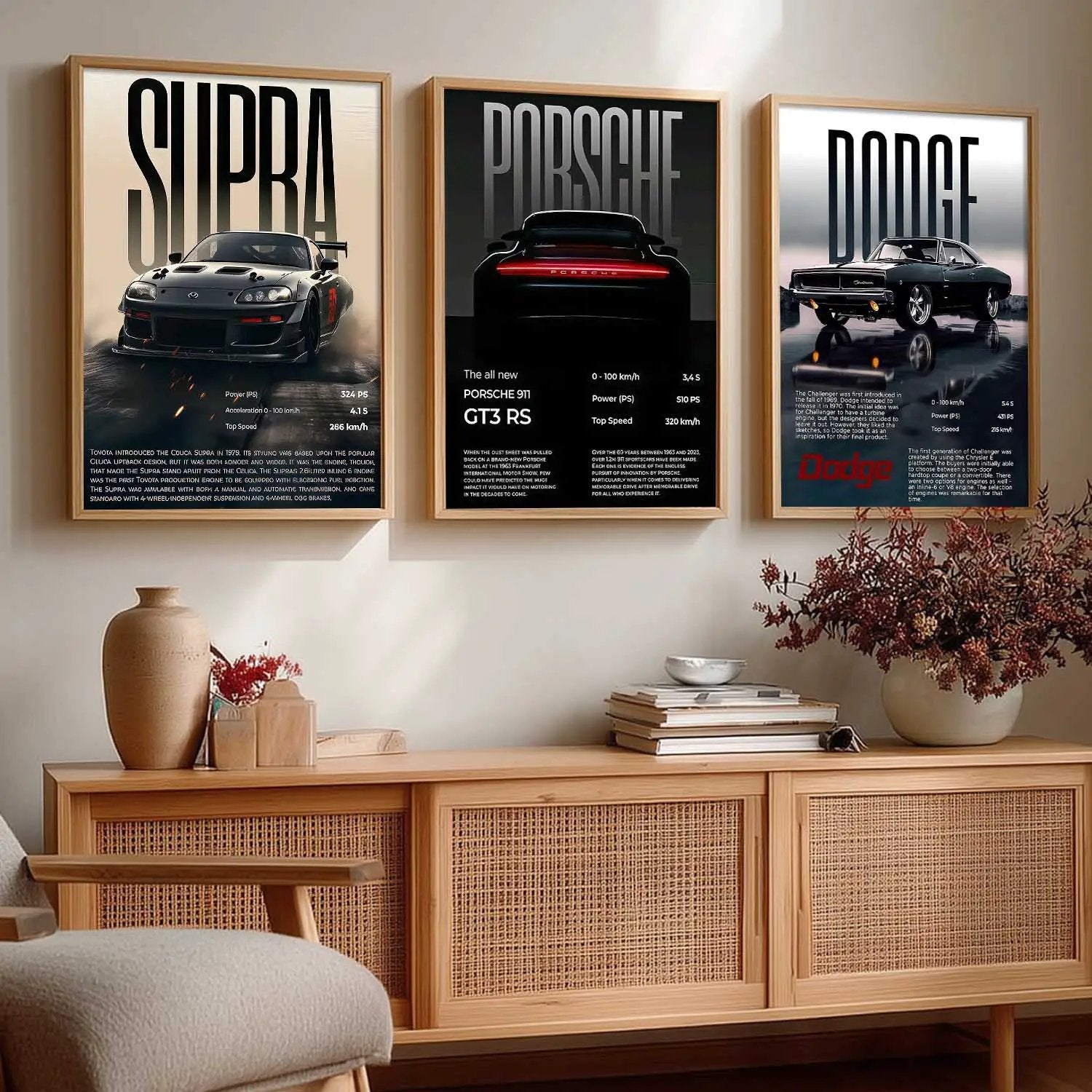 Big Toyota Supra, Porsche 911GT, Dodge Challenger Cars Wall Art Paintings for Living Room Bedroom