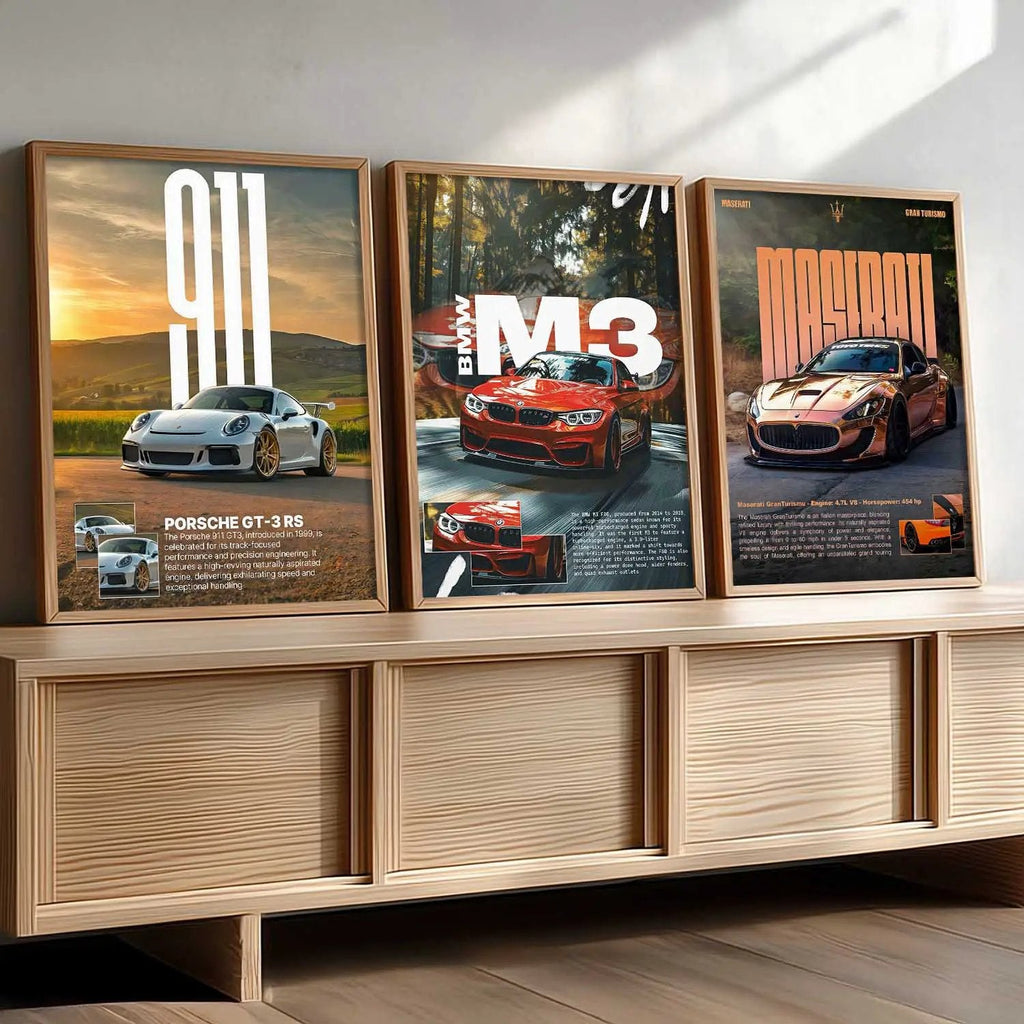 Big Porsche 911 GT3 RS, BMW M3, Maserati Cars Wall Art Paintings for Living Room Bedroom