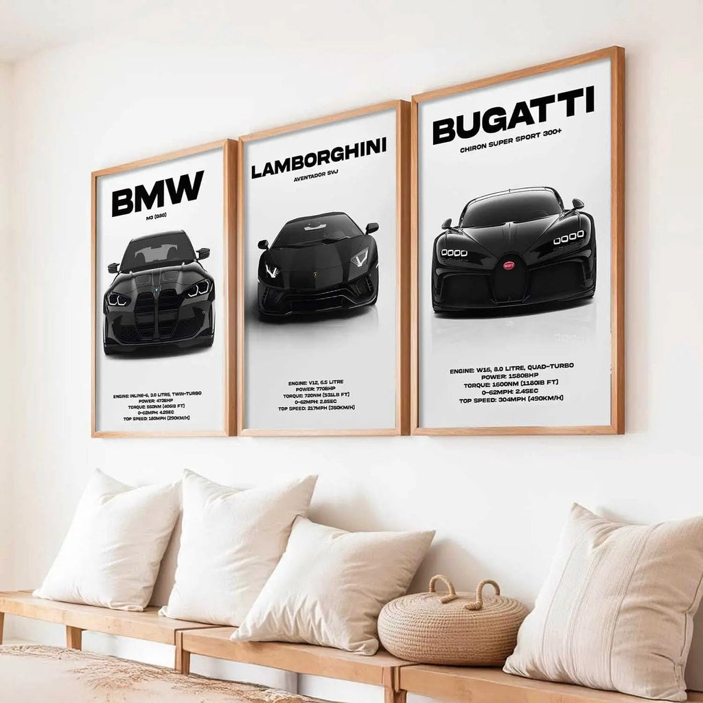 Big BMW M3, Lamborghini Aventador, Bugatti Chiron Cars Wall Art Paintings for Living Room Bedroom